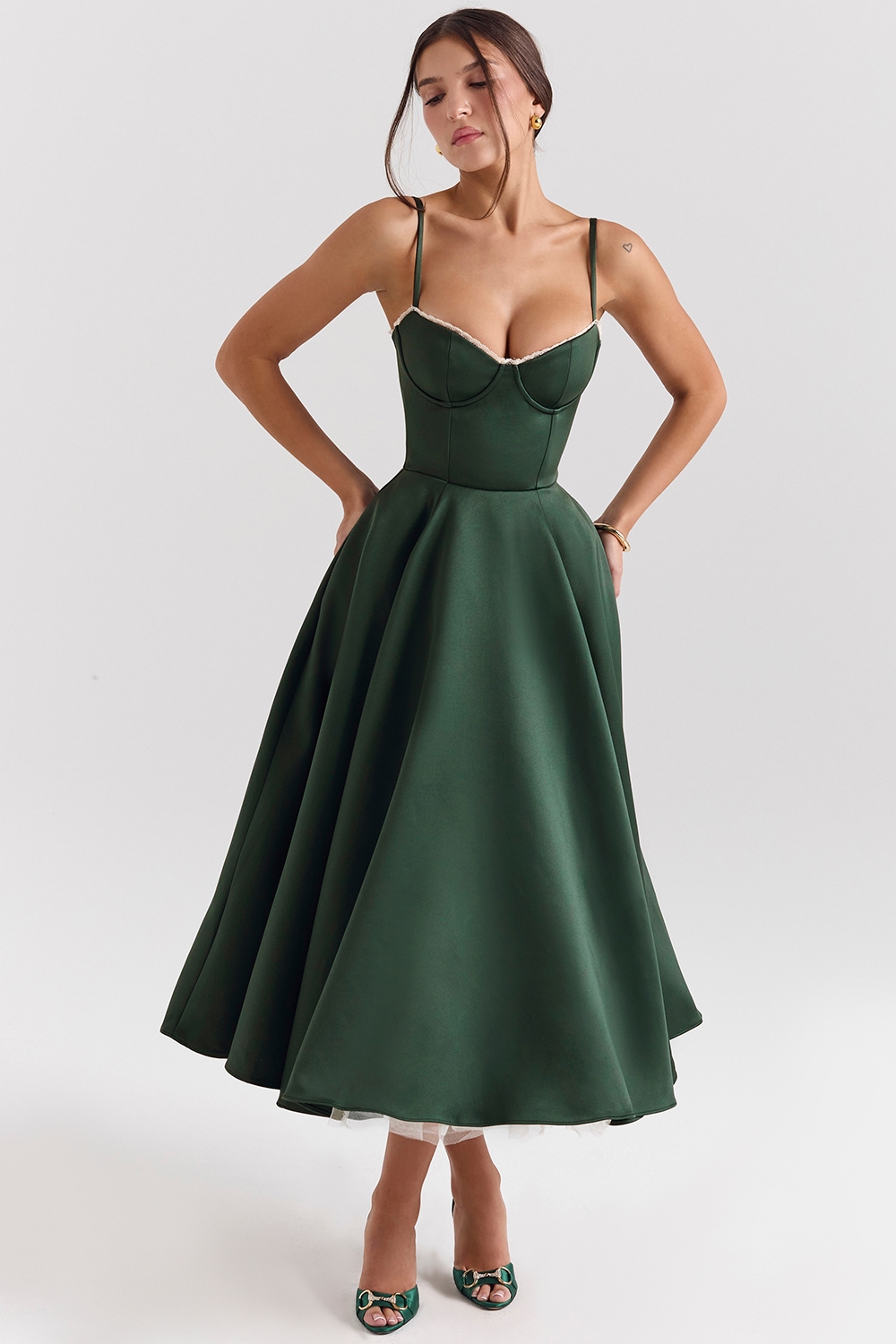 Mademoiselle  Forest Green Satin Tulle Midi Dress — image 3