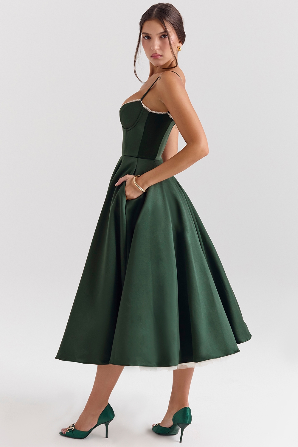 Mademoiselle  Forest Green Satin Tulle Midi Dress — image 6