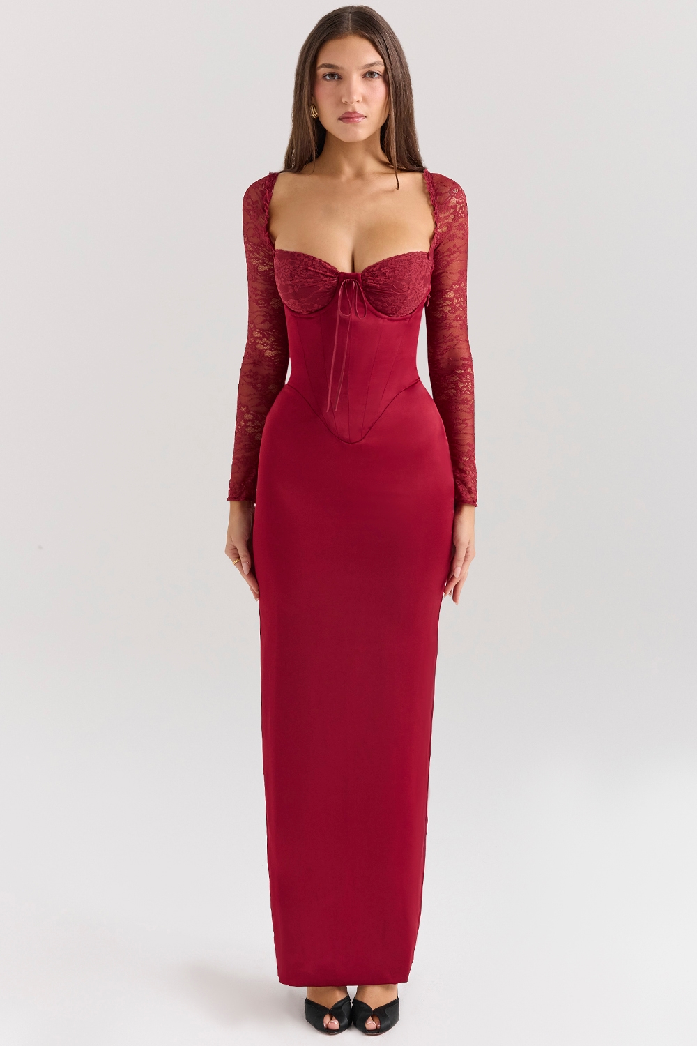Perdi  Berry Satin Maxi Dress with Corset — image 3