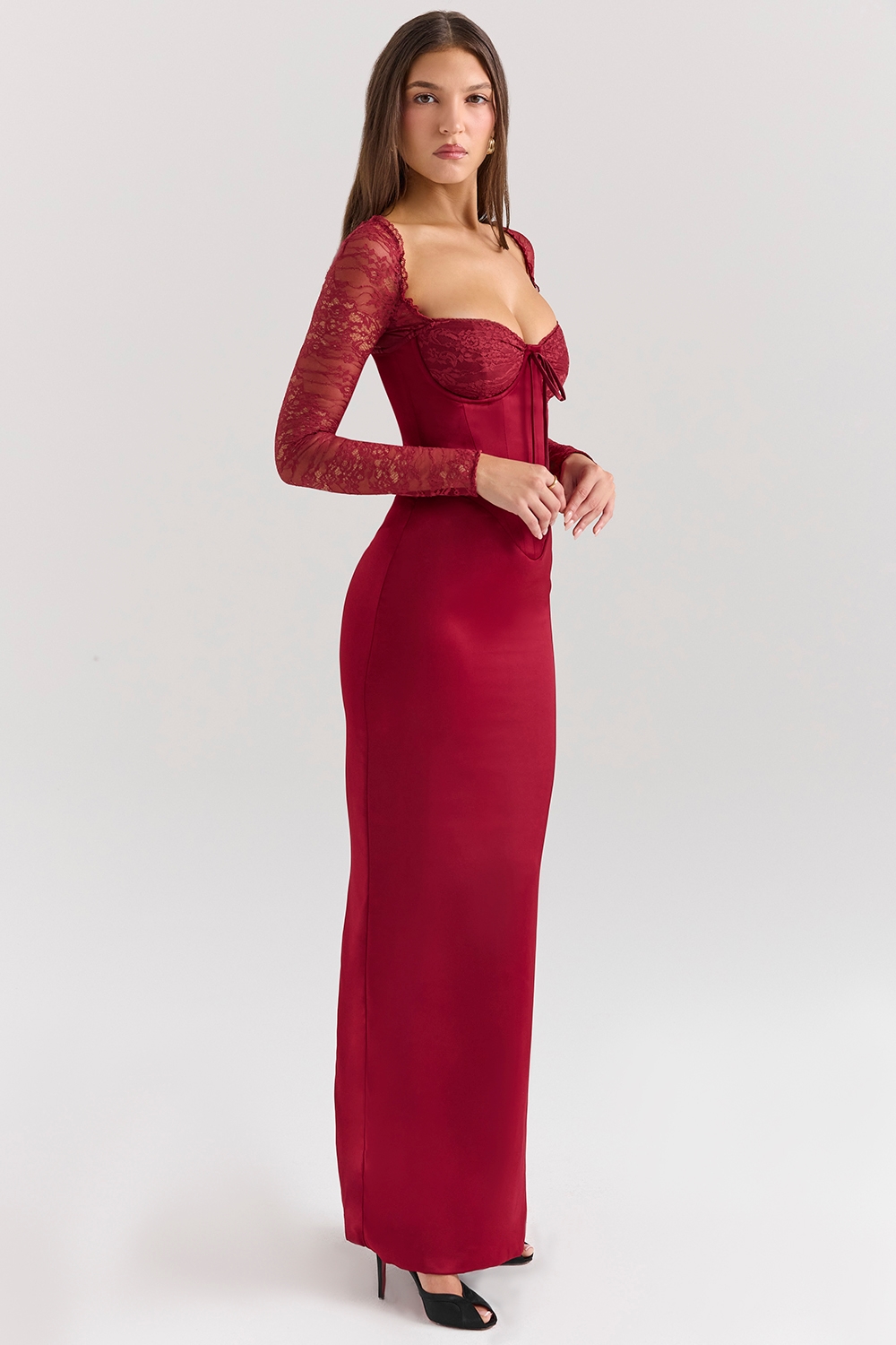 Perdi  Berry Satin Maxi Dress with Corset — image 6