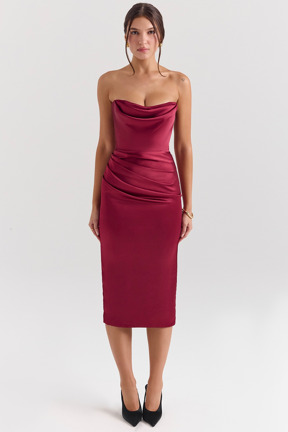 Santana  Berry Satin Strapless Midi Dress — image 3