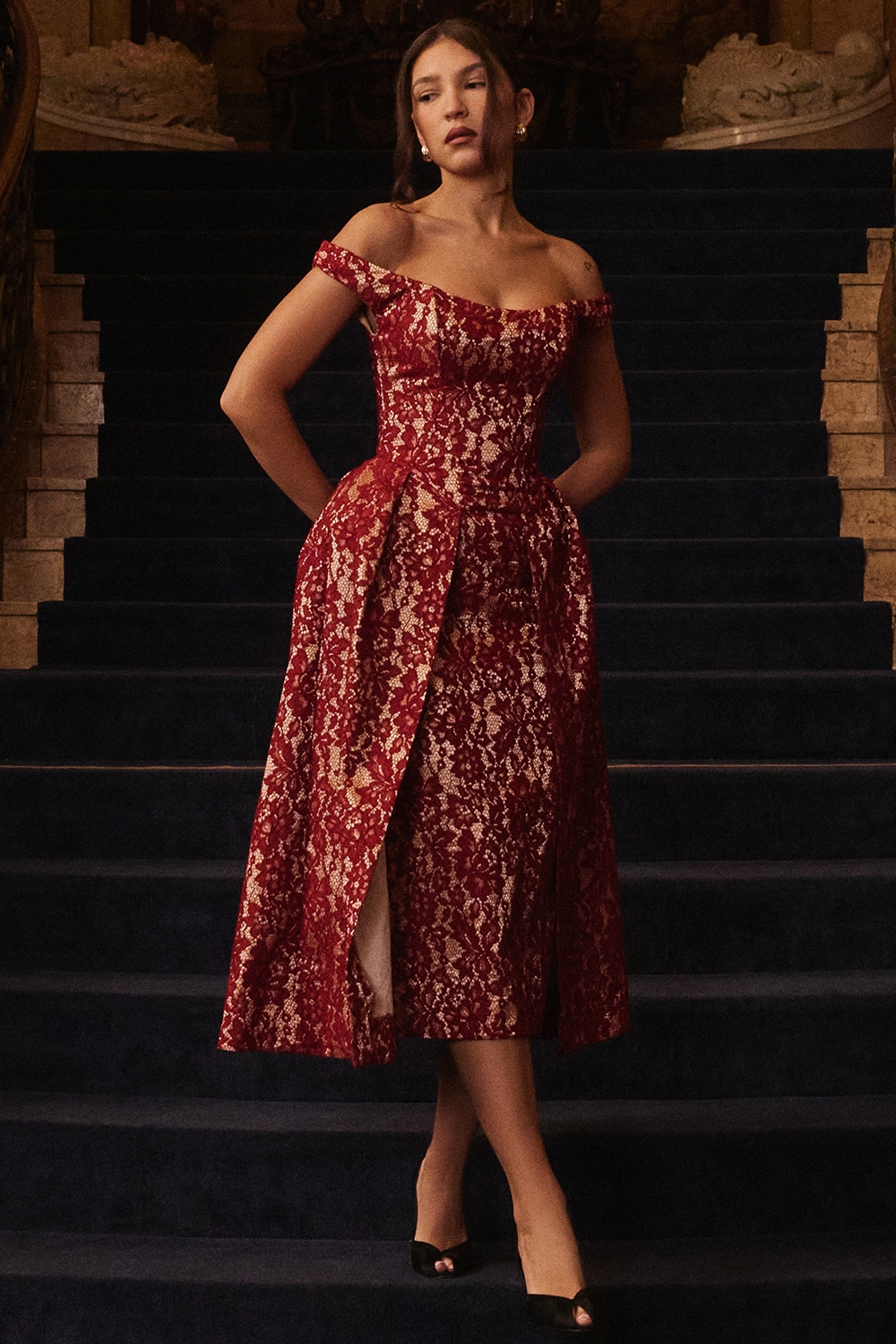Charming  Gold and Berry Lace Midi Off Shoulder Dress — image 2