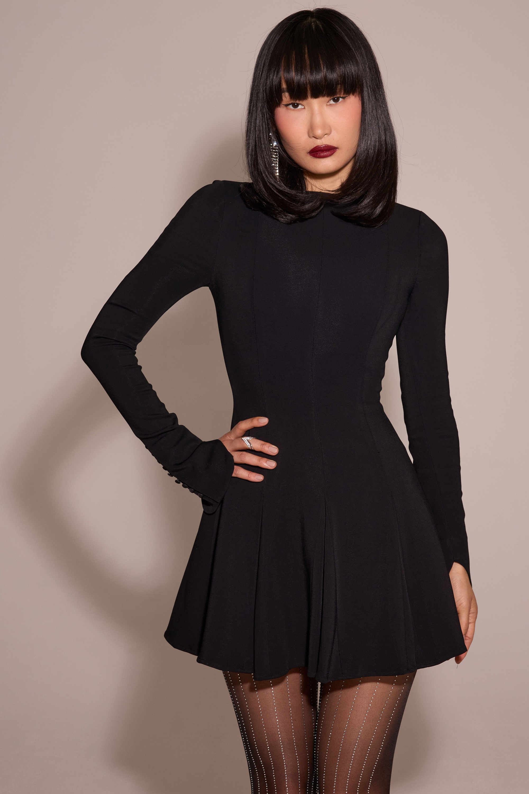 Francesca  Black Stretch Crepe Godet Mini Dress — image 10