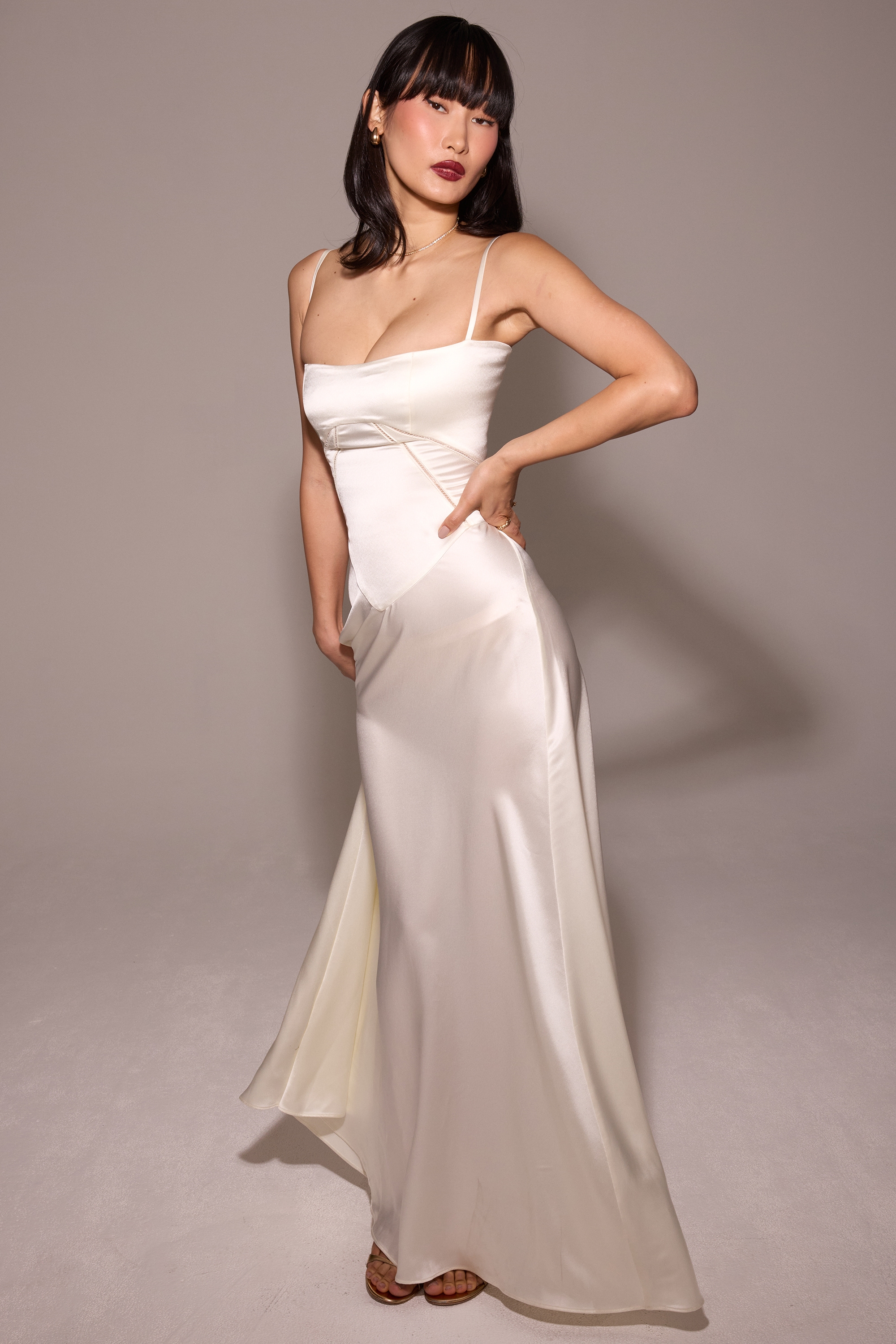 Anabella  Ivory Satin Lace Up Maxi Dress — image 9