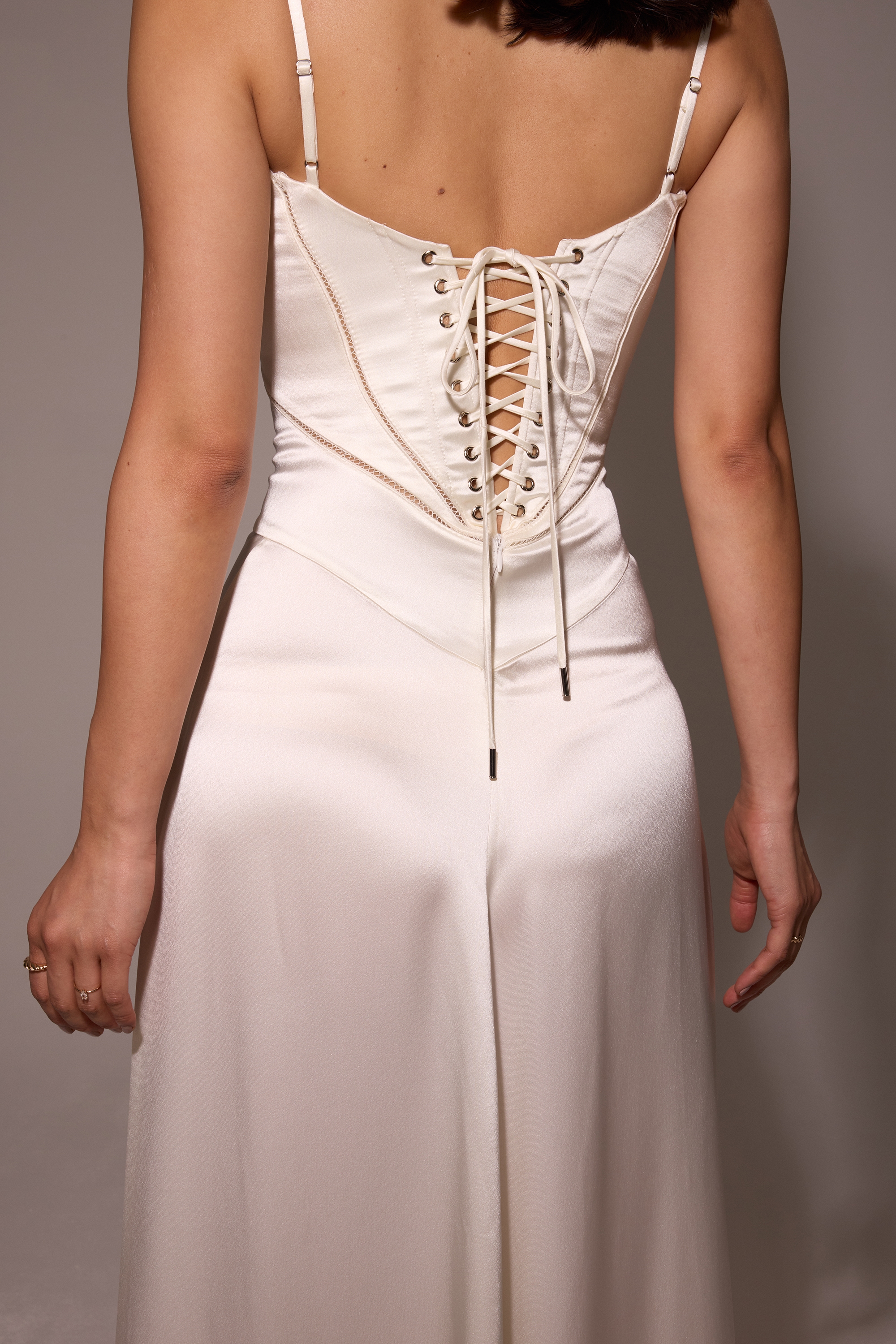 Anabella  Ivory Satin Lace Up Maxi Dress — image 10