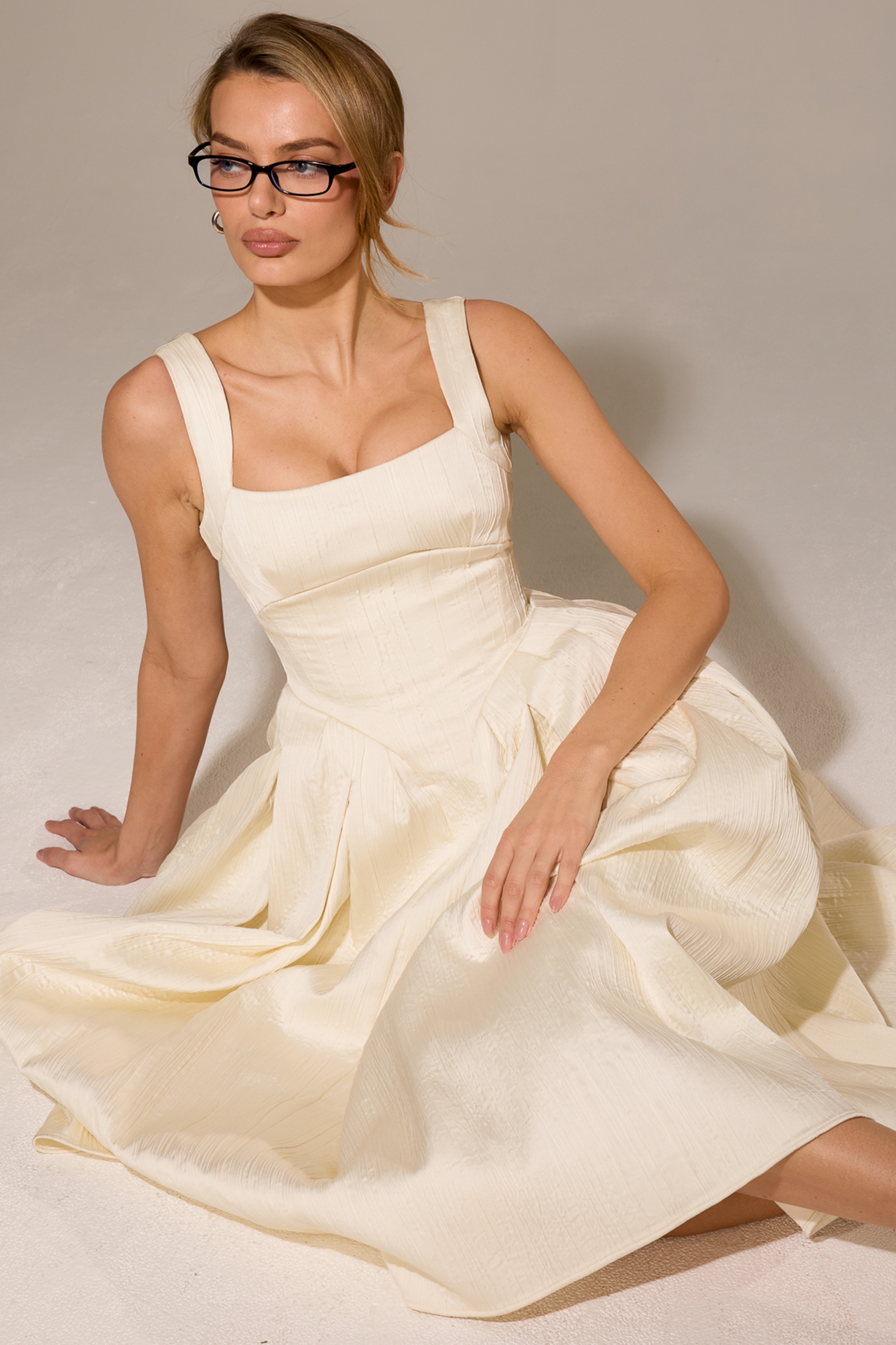 Isabeau  Ivory Textured Satin Corset Midi Dress — image 8