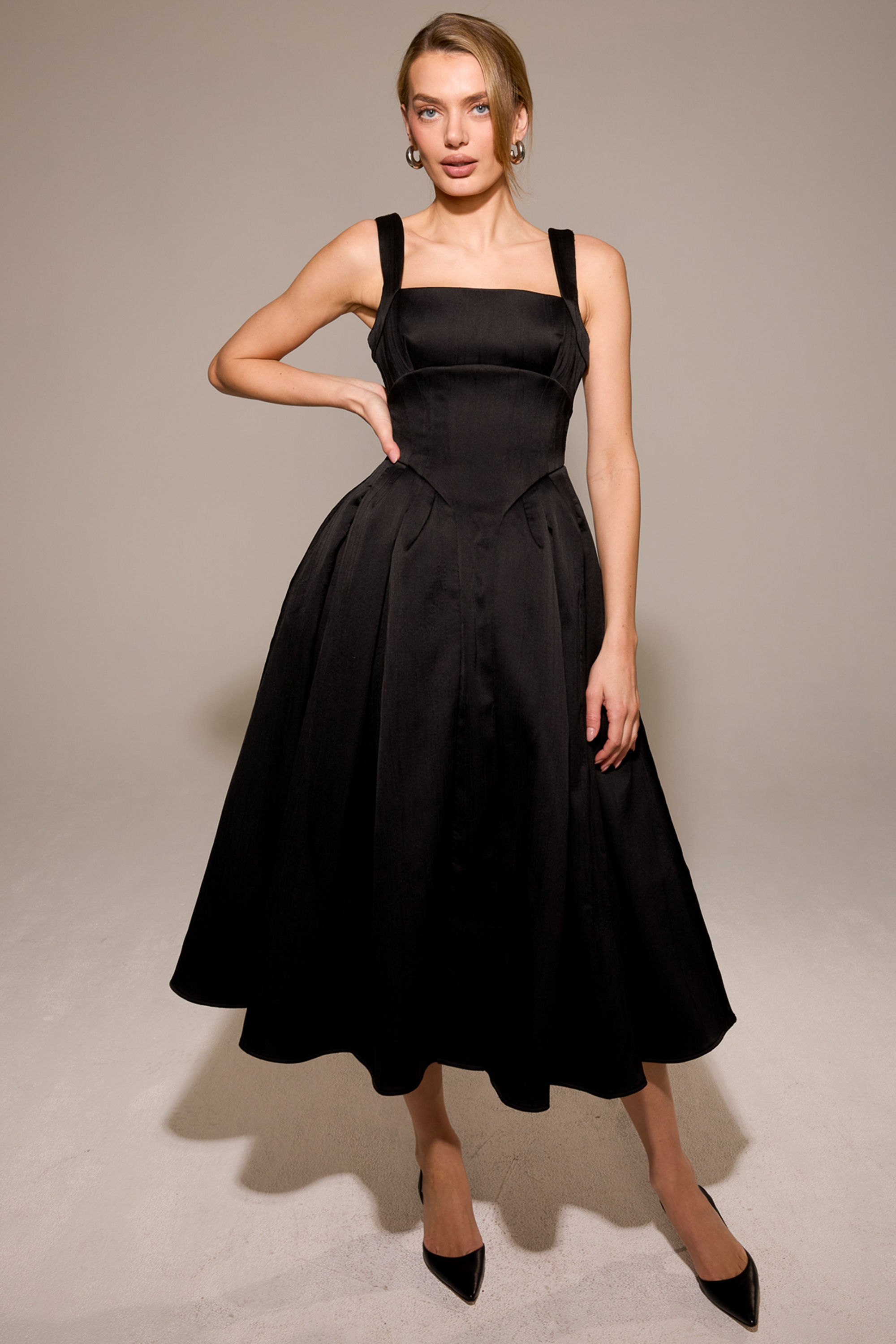 Isabeau  Black Textured Satin Corset Midi Dress — image 11