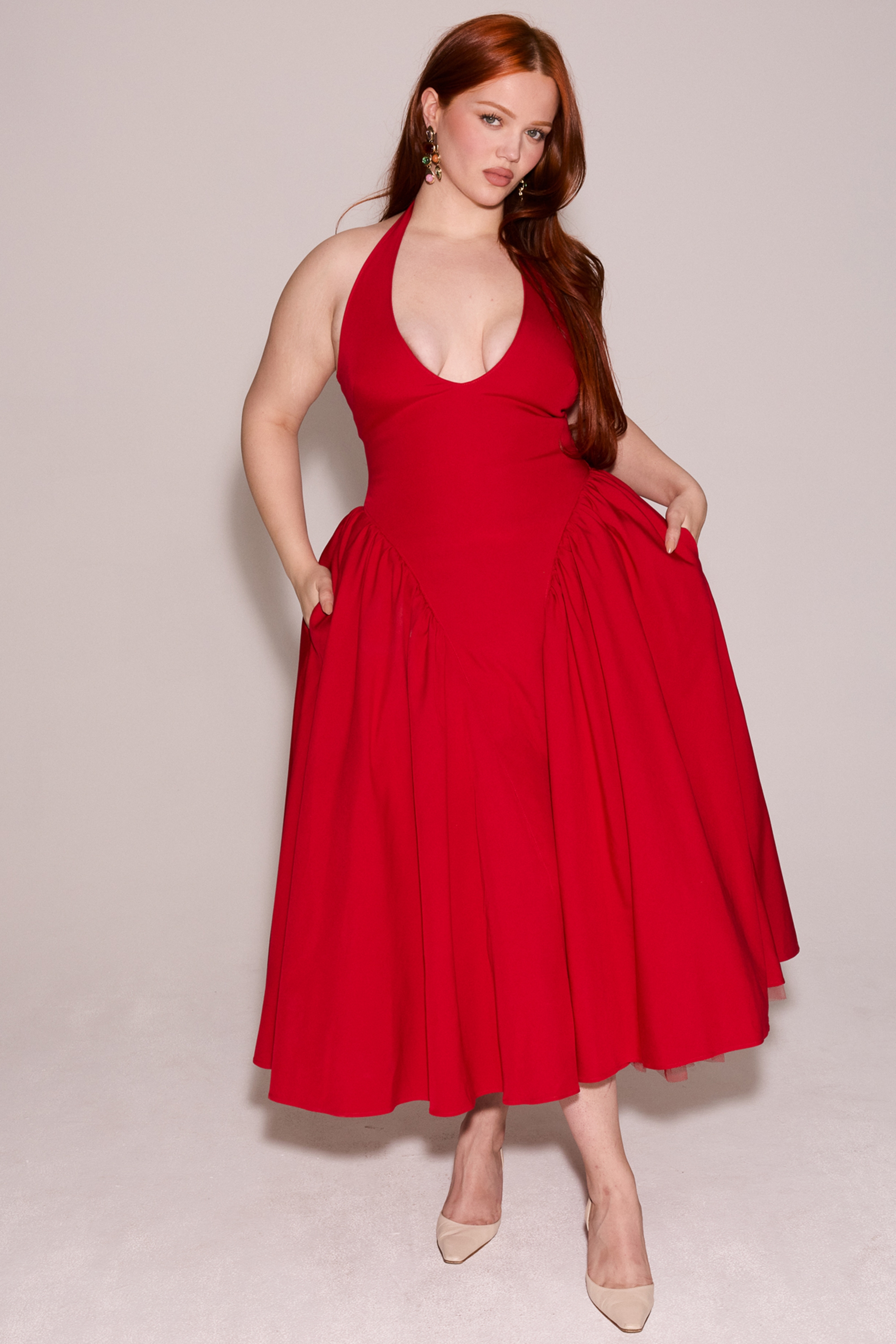 Marilyn  Red Twill Halter Midi Dress — image 10