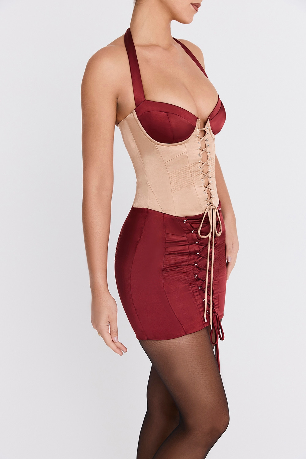 Mistress Rocks Dark Cherry & Biscuit Lace Up Corset Mini Dress - SALE — image 4