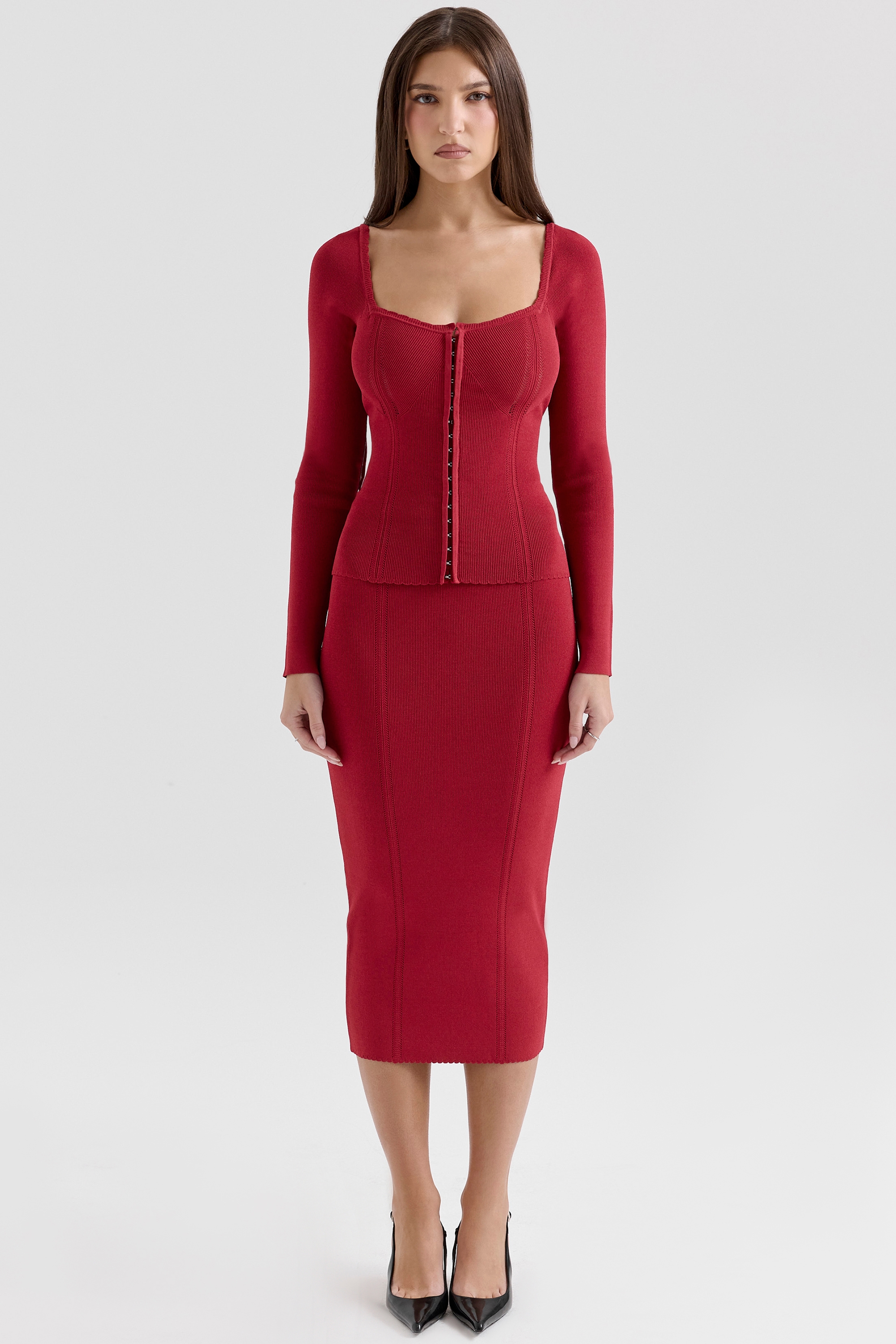 Eliane Red Bodycon Midi Skirt
