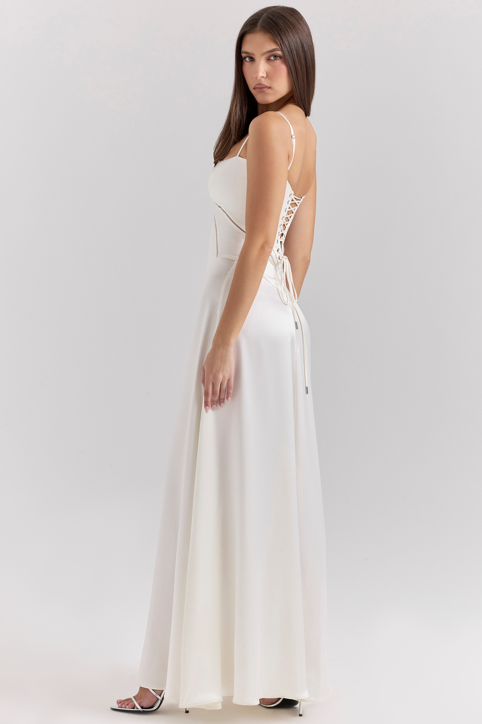 Anabella  Ivory Satin Lace Up Maxi Dress — image 5