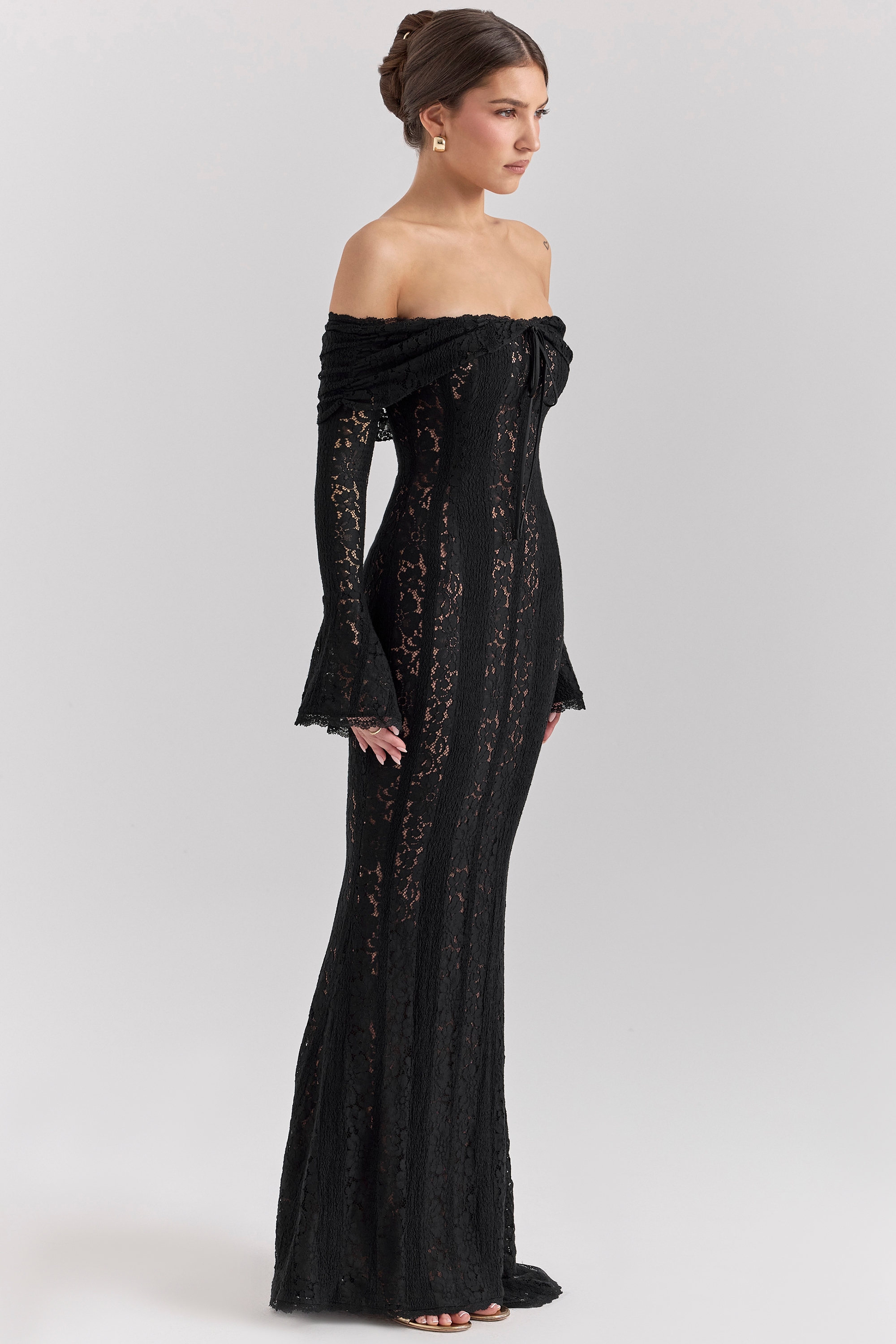 Belle  Black Off Shoulder Floral Lace Maxi Dress — image 7