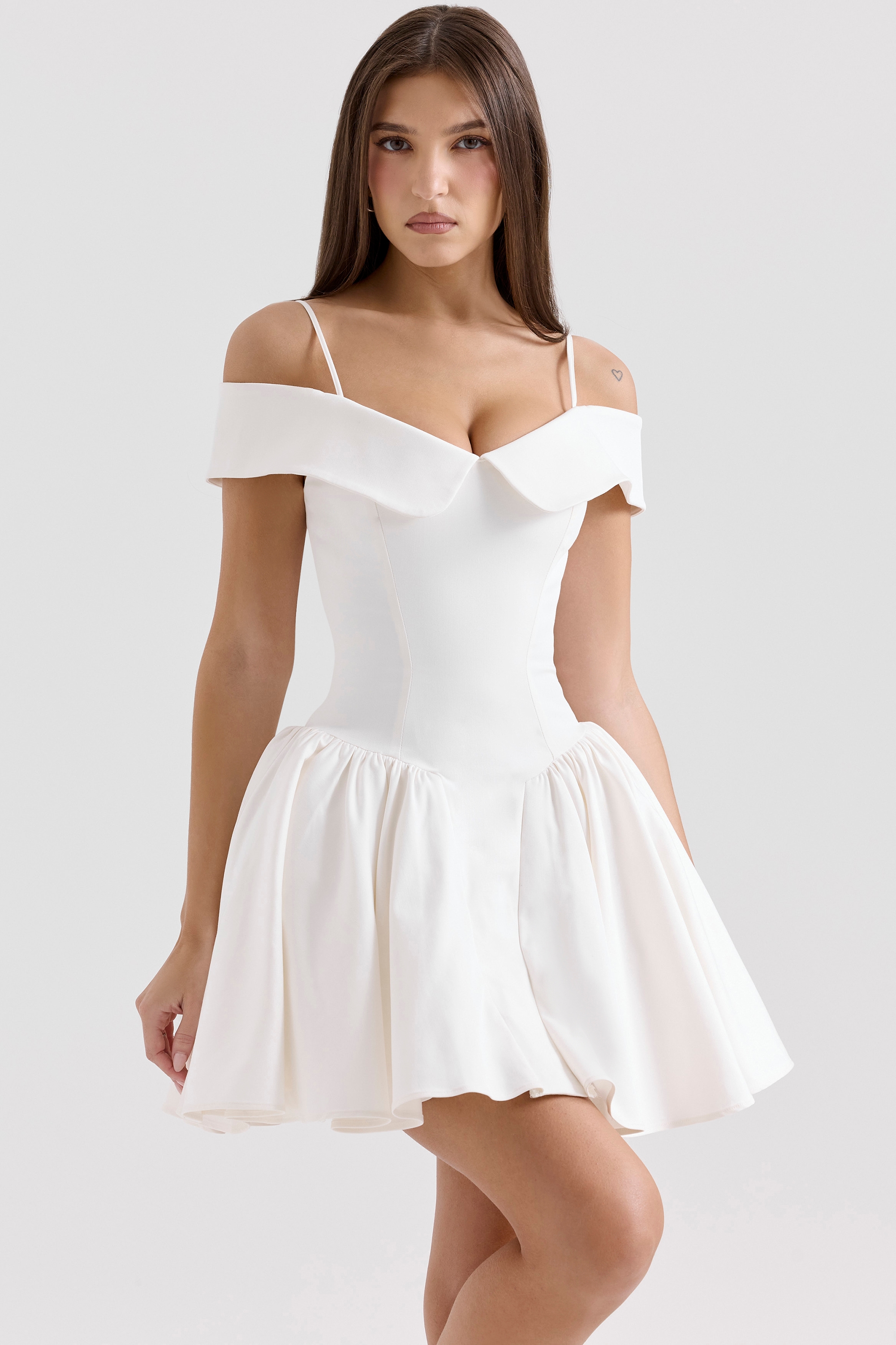Elida White Twill Off Shoulder Mini Dress