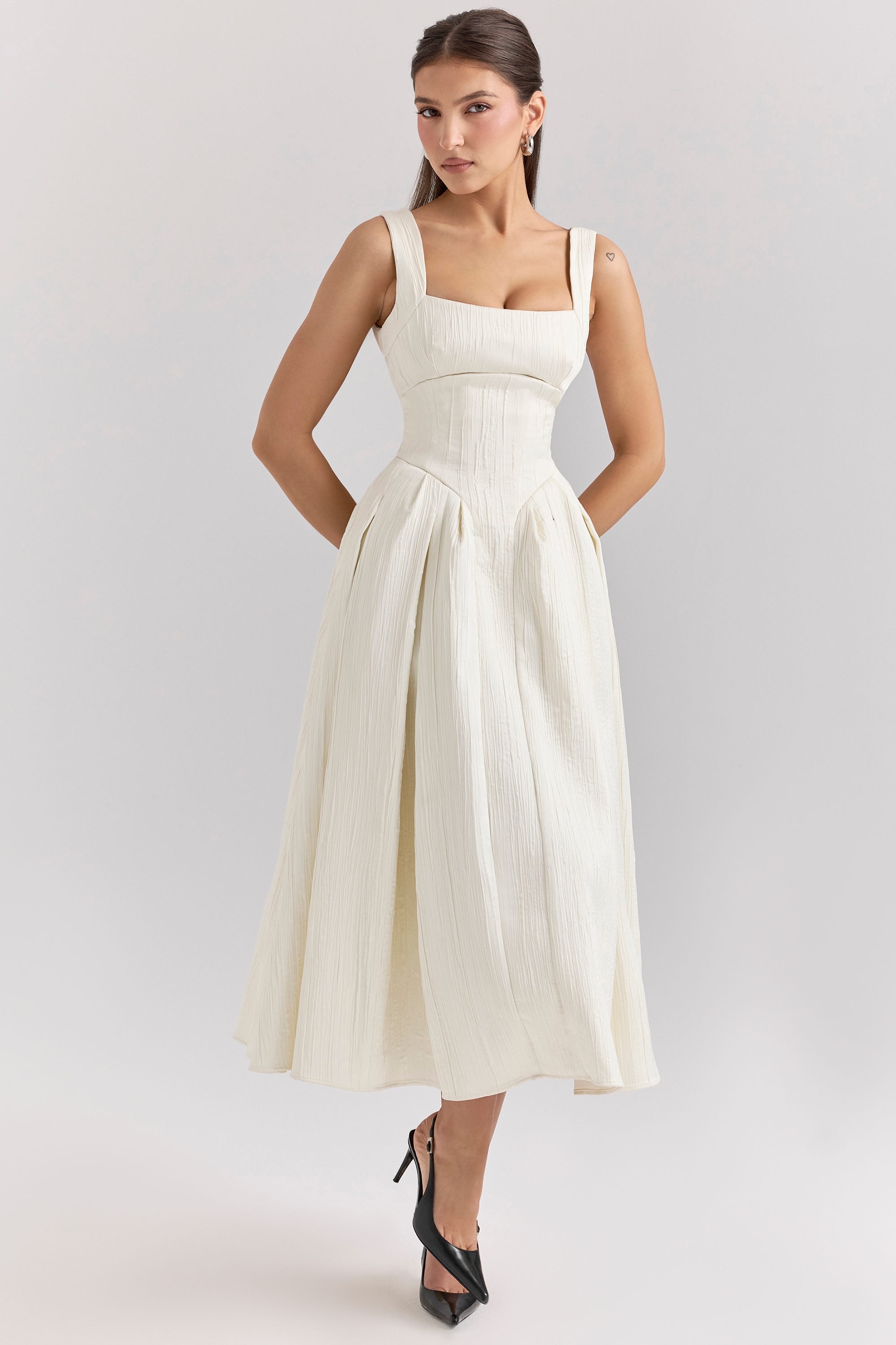 Isabeau  Ivory Textured Satin Corset Midi Dress — image 5