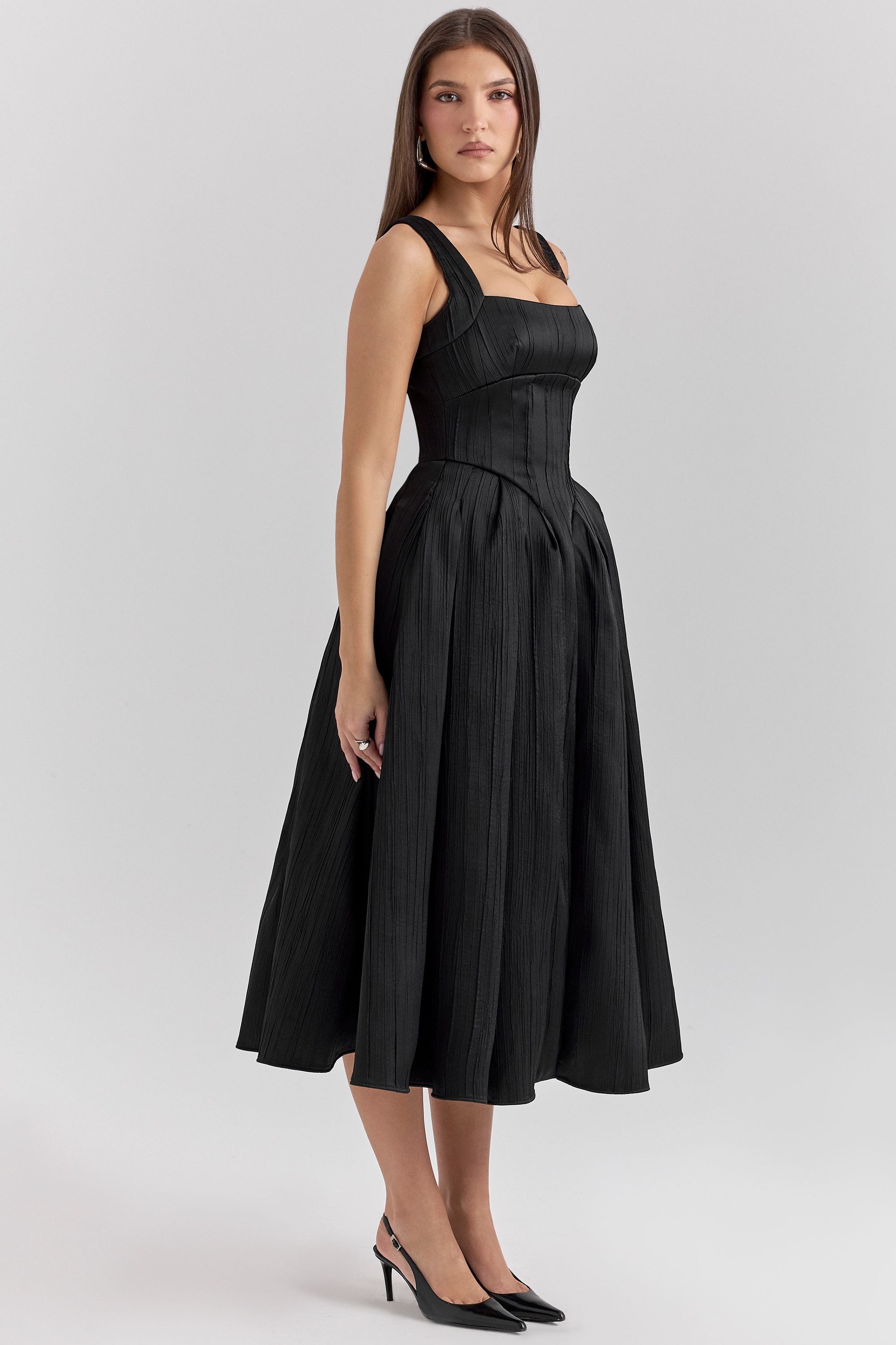 Isabeau  Black Textured Satin Corset Midi Dress — image 5