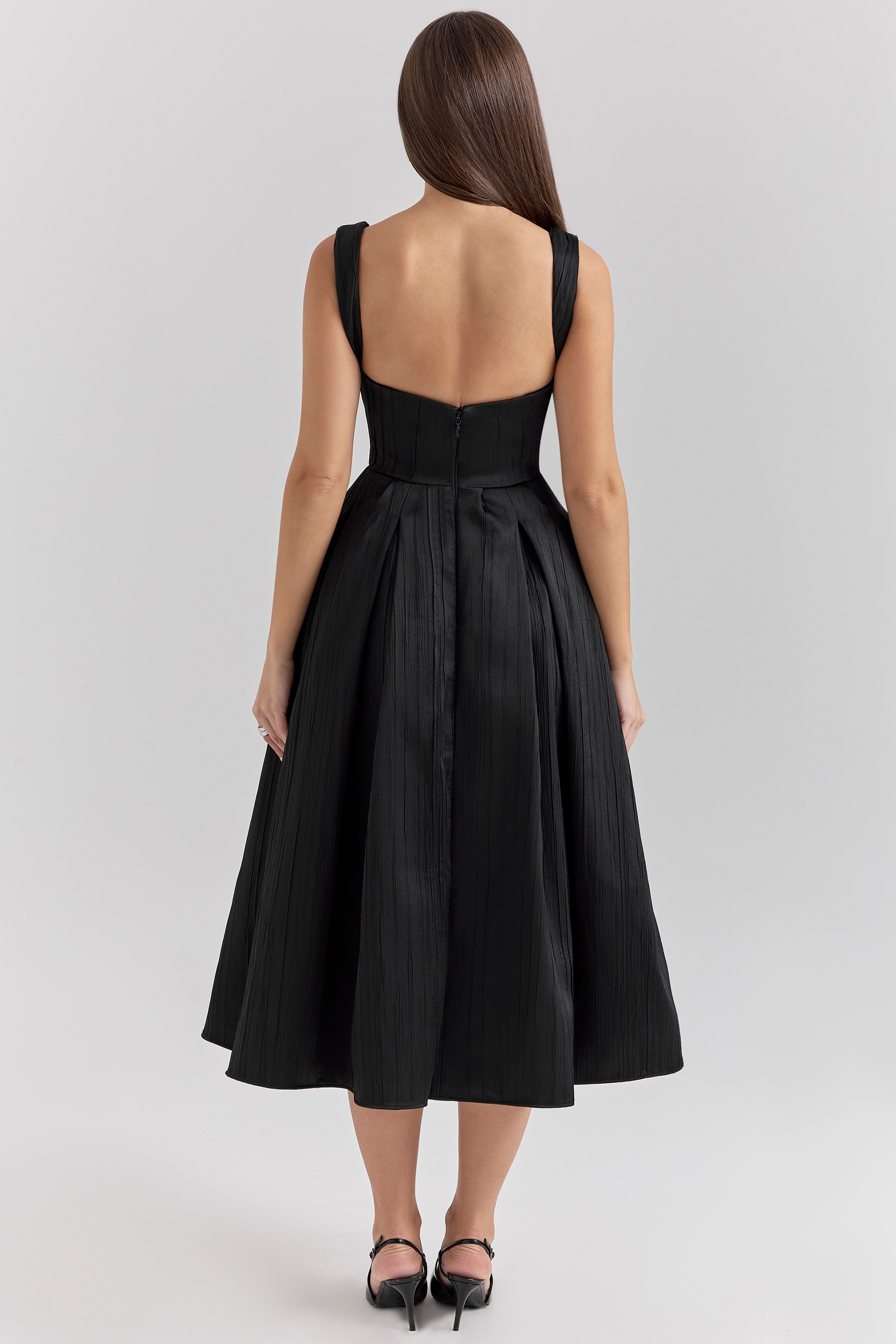 Isabeau  Black Textured Satin Corset Midi Dress — image 7