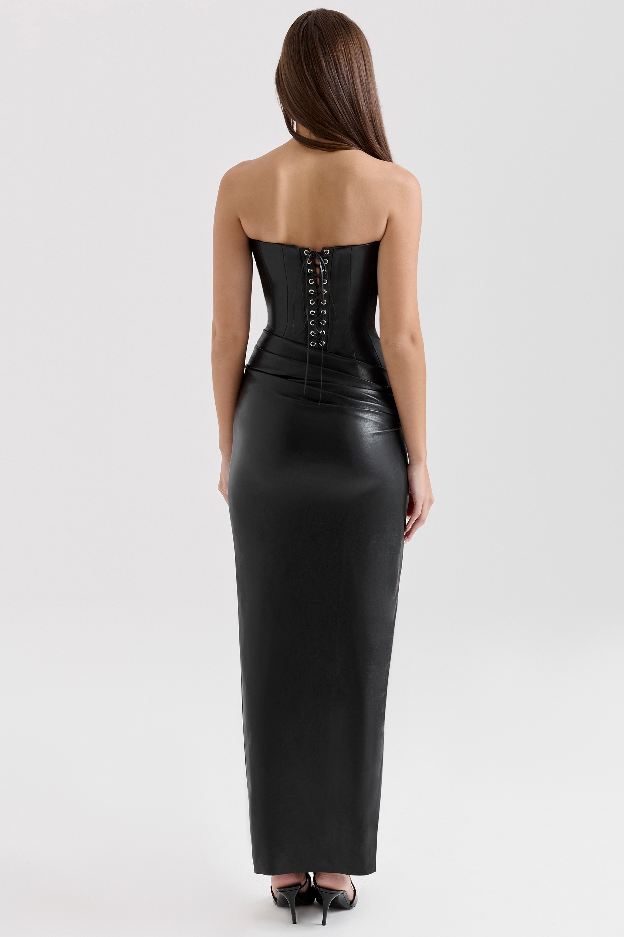 Juliana  Black Strapless Vegan Leather Midi Dress — image 8