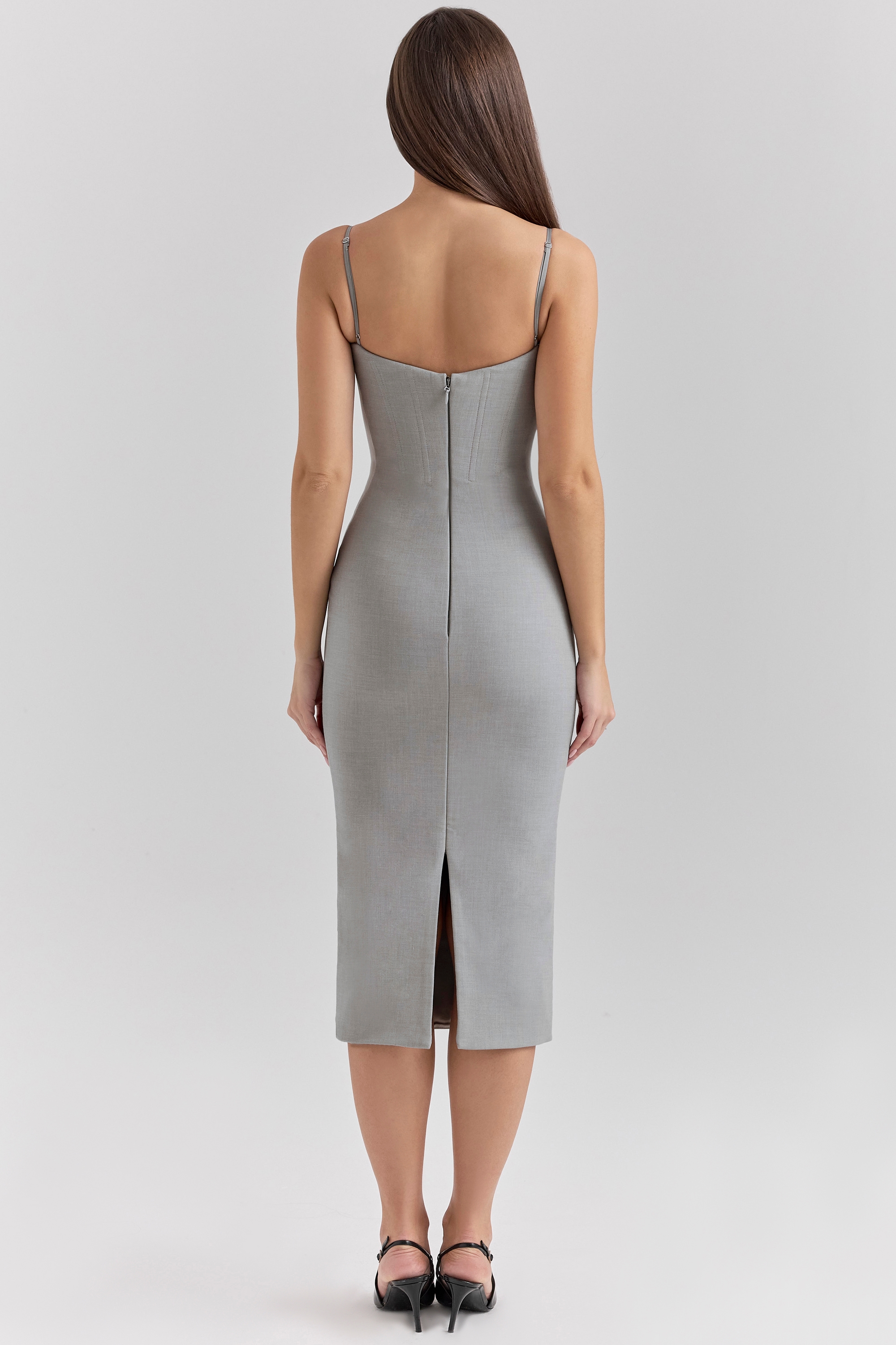 Kiki  Light Grey Mesh Panelled Bodycon Midi Dress — image 7