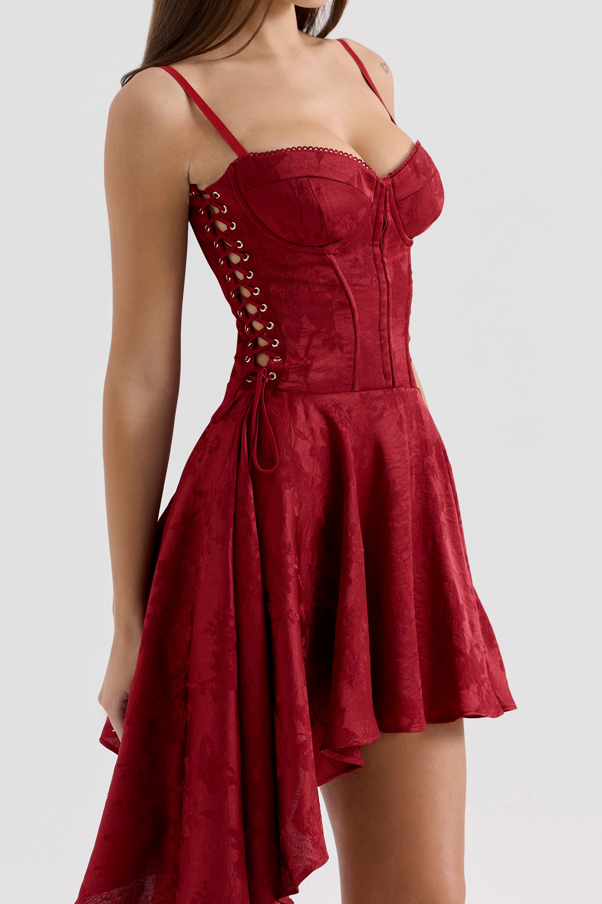 Lola  Wine Jacquard Satin Draped Mini Dress — image 5
