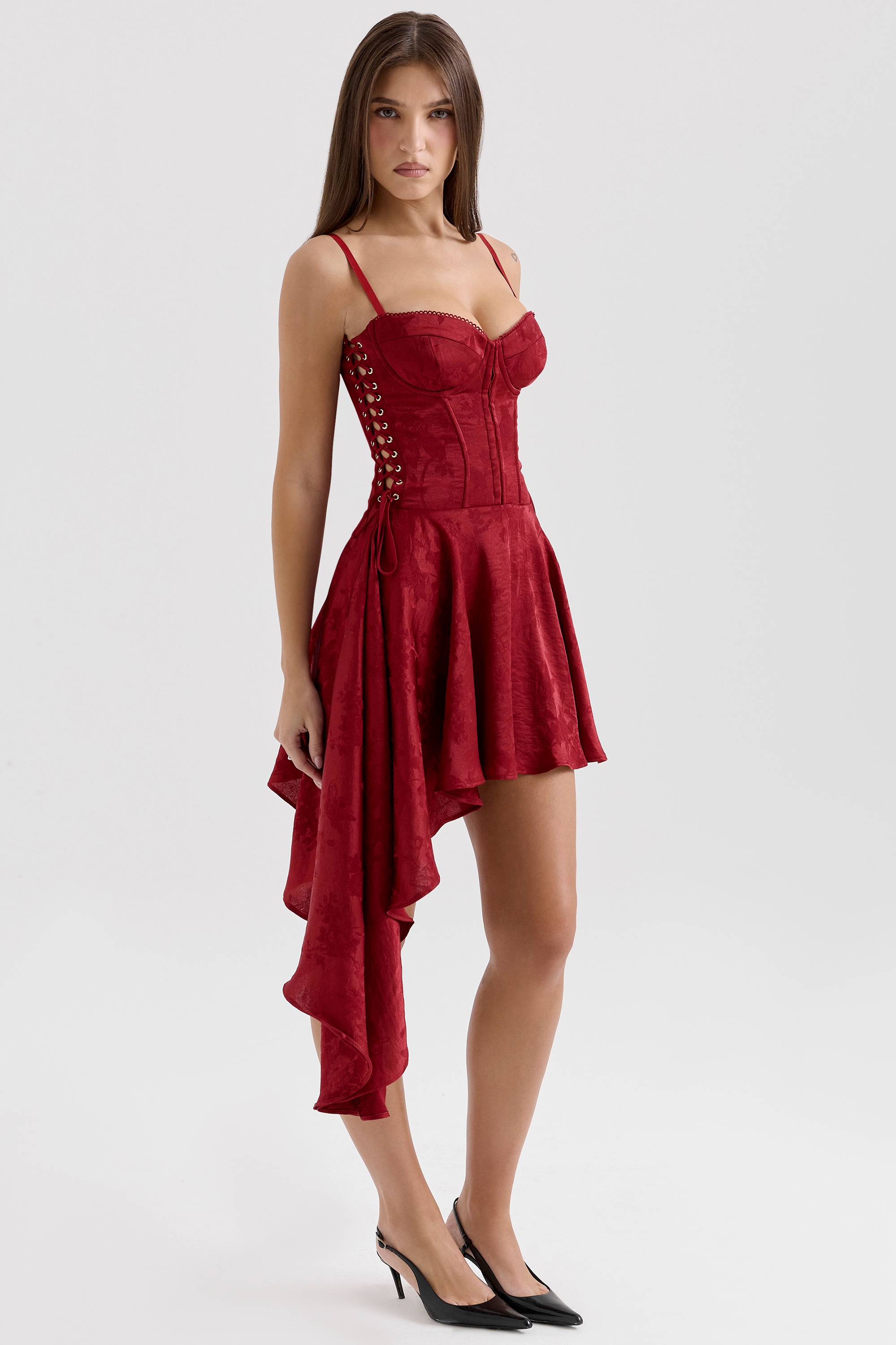 Lola  Wine Jacquard Satin Draped Mini Dress — image 3
