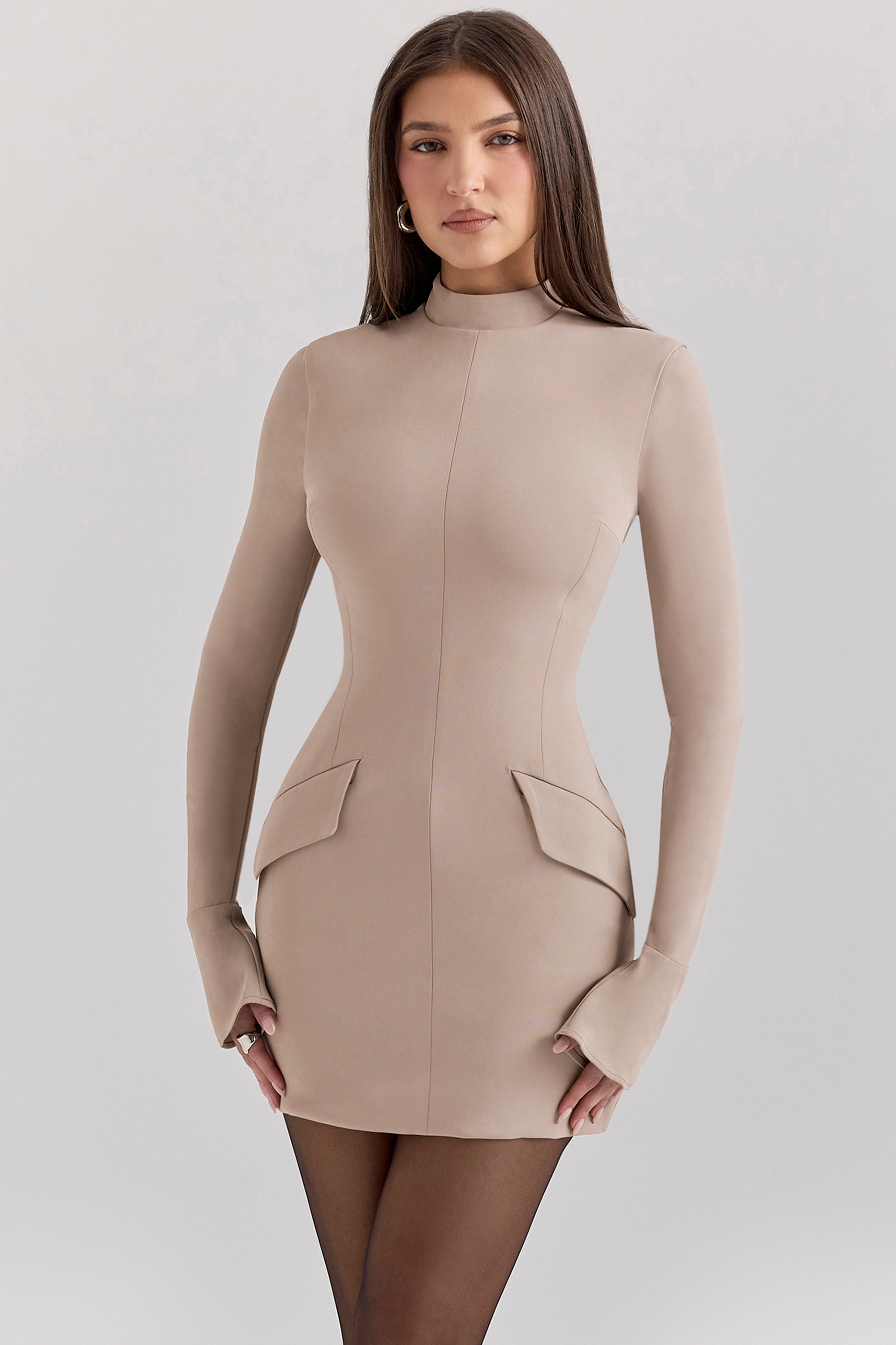 Mahalia  Taupe Long Sleeve Mini Dress — image 1