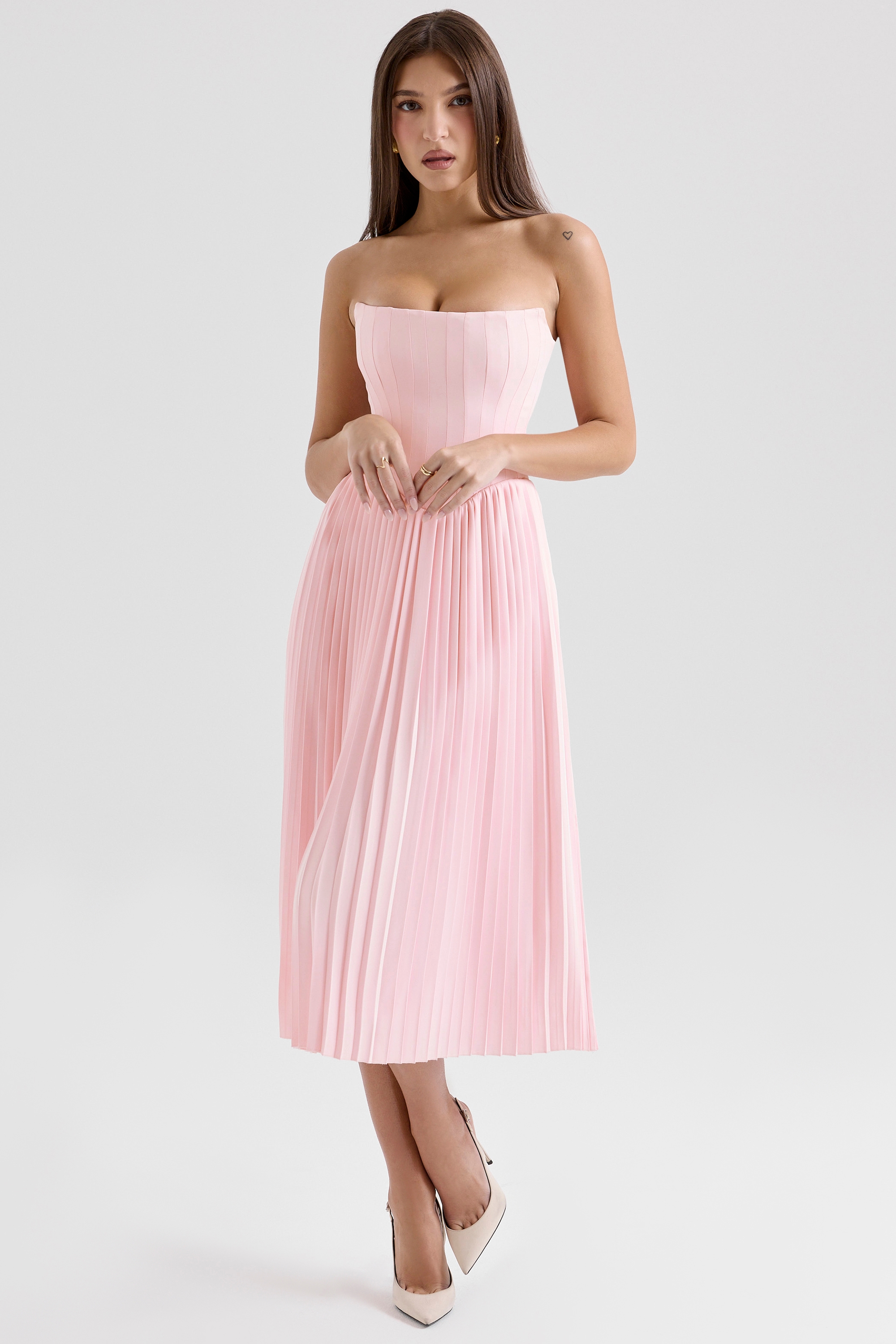 Marci Pink Pleated Midi Corset Dress