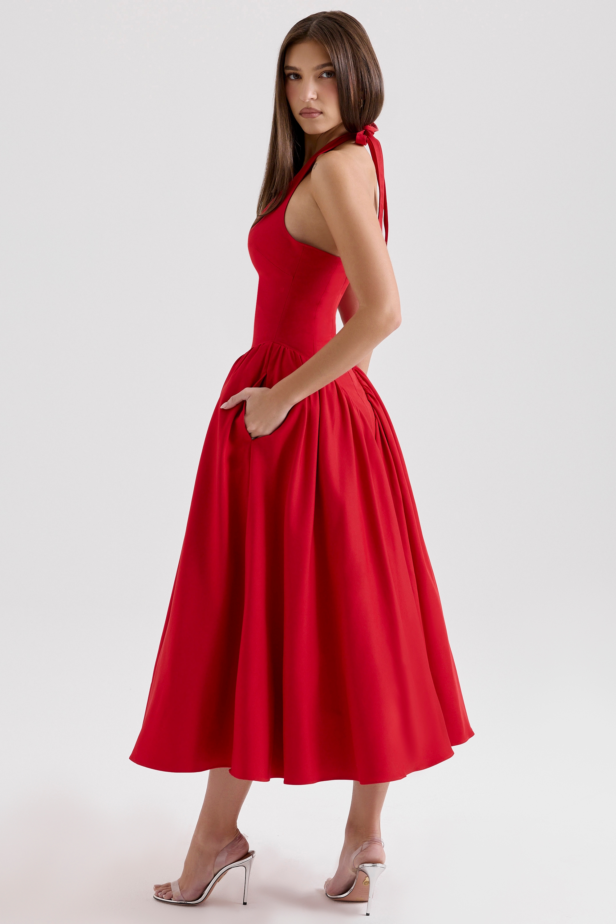 Marilyn  Red Twill Halter Midi Dress — image 7