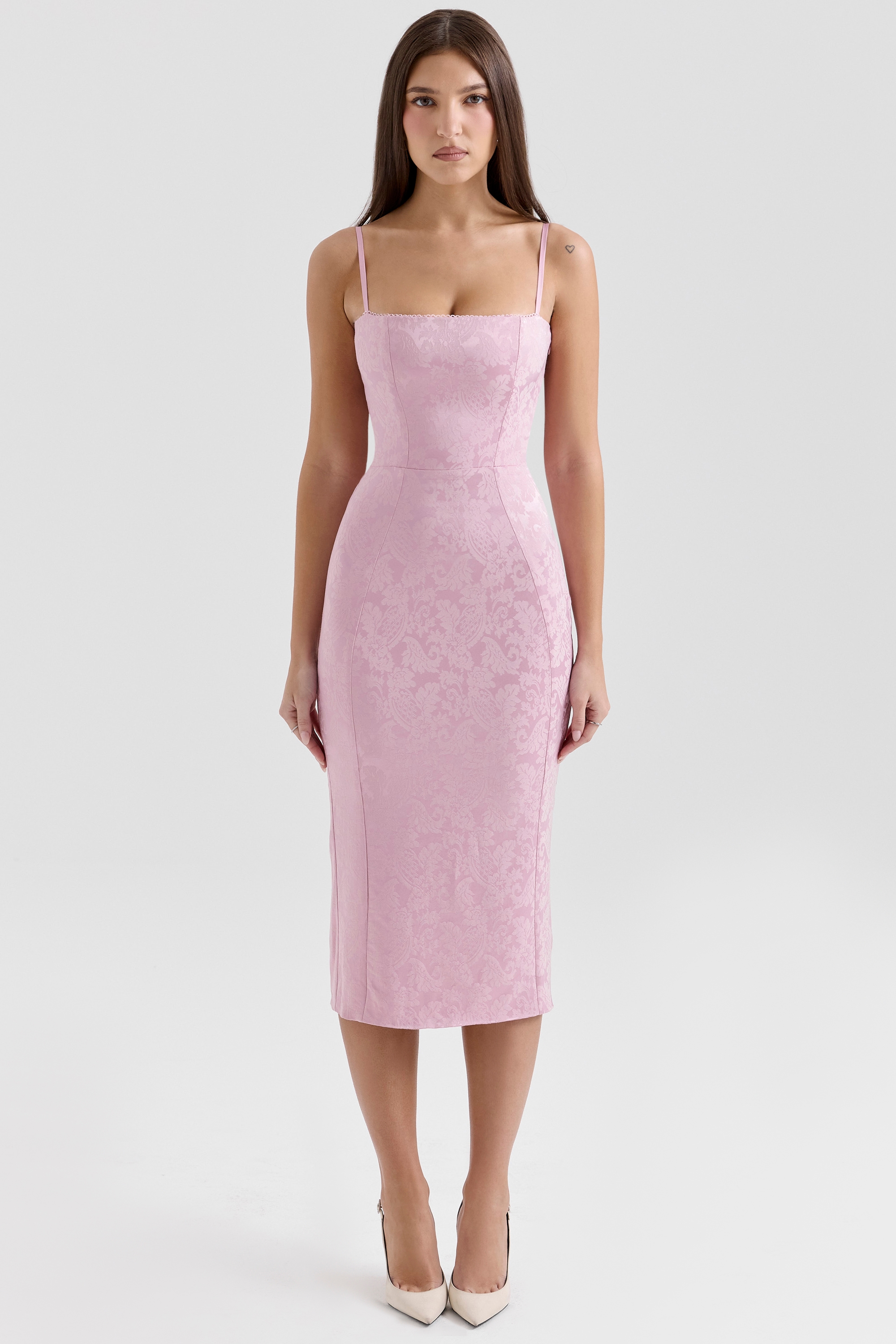 Ophelle  Pink Jacquard Lace Up Bodycon Midi Dress — image 3