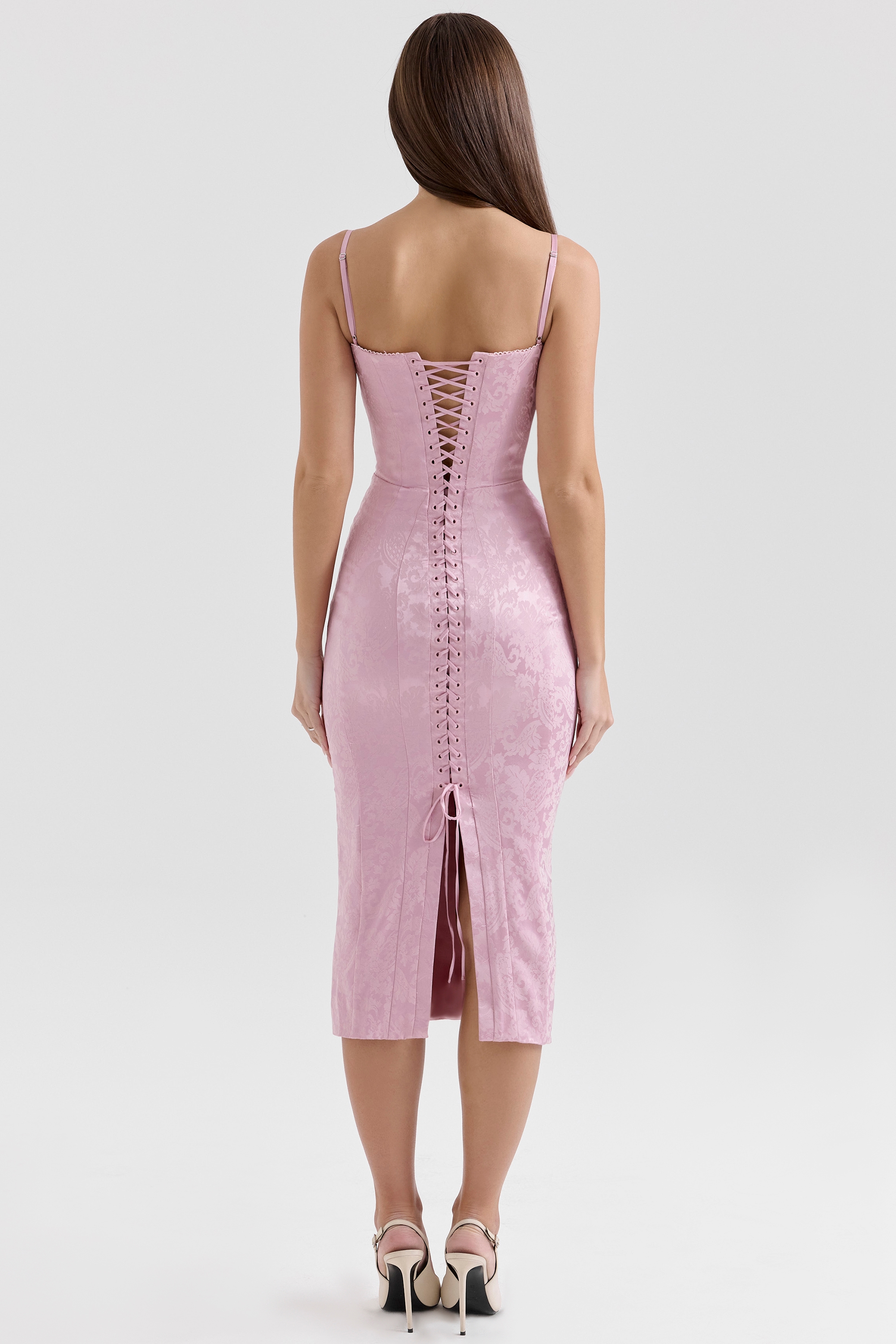 Ophelle  Pink Jacquard Lace Up Bodycon Midi Dress — image 9