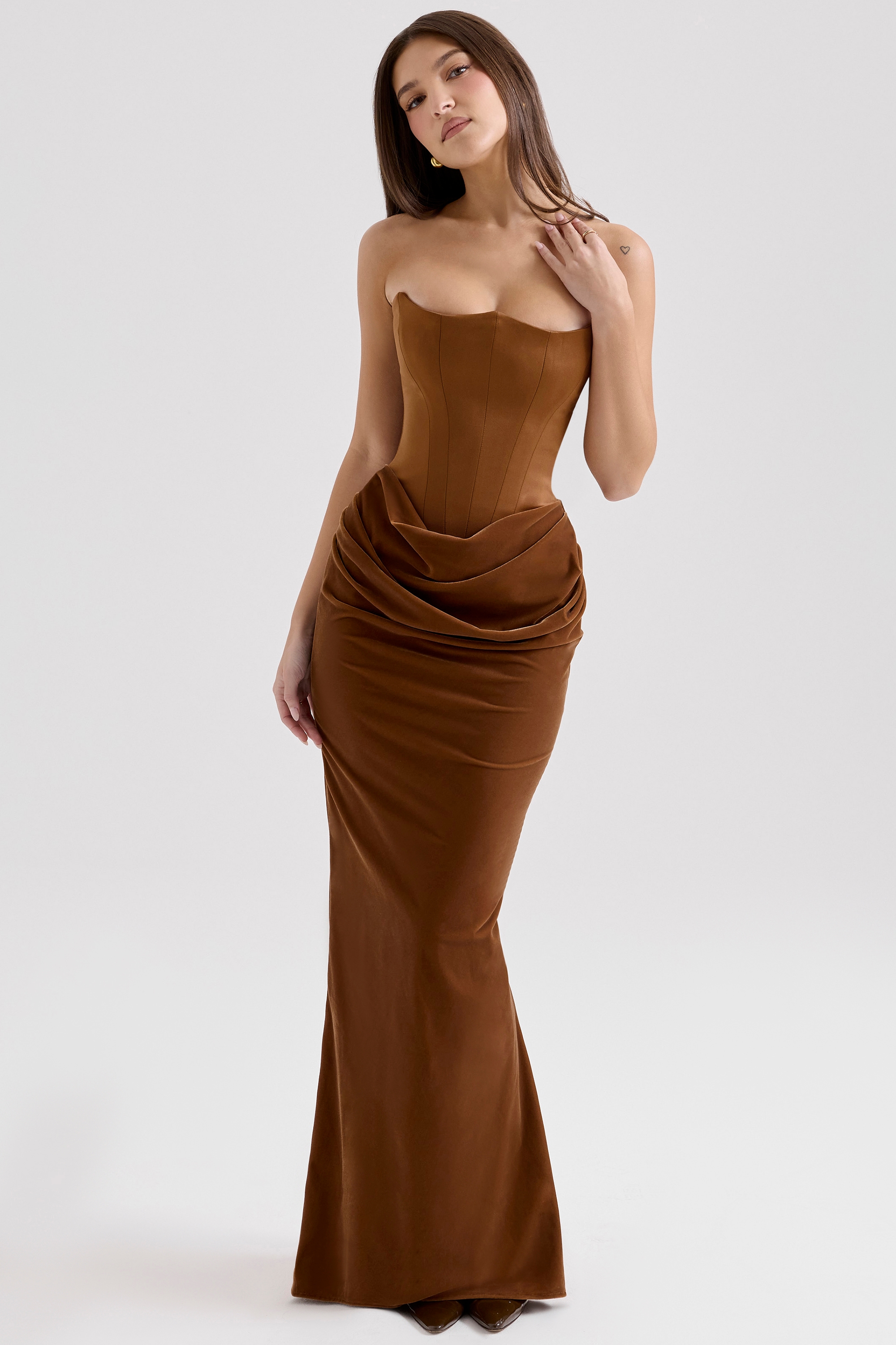 Persephone  Coffee Velvet Strapless Corset Maxi Dress — image 5