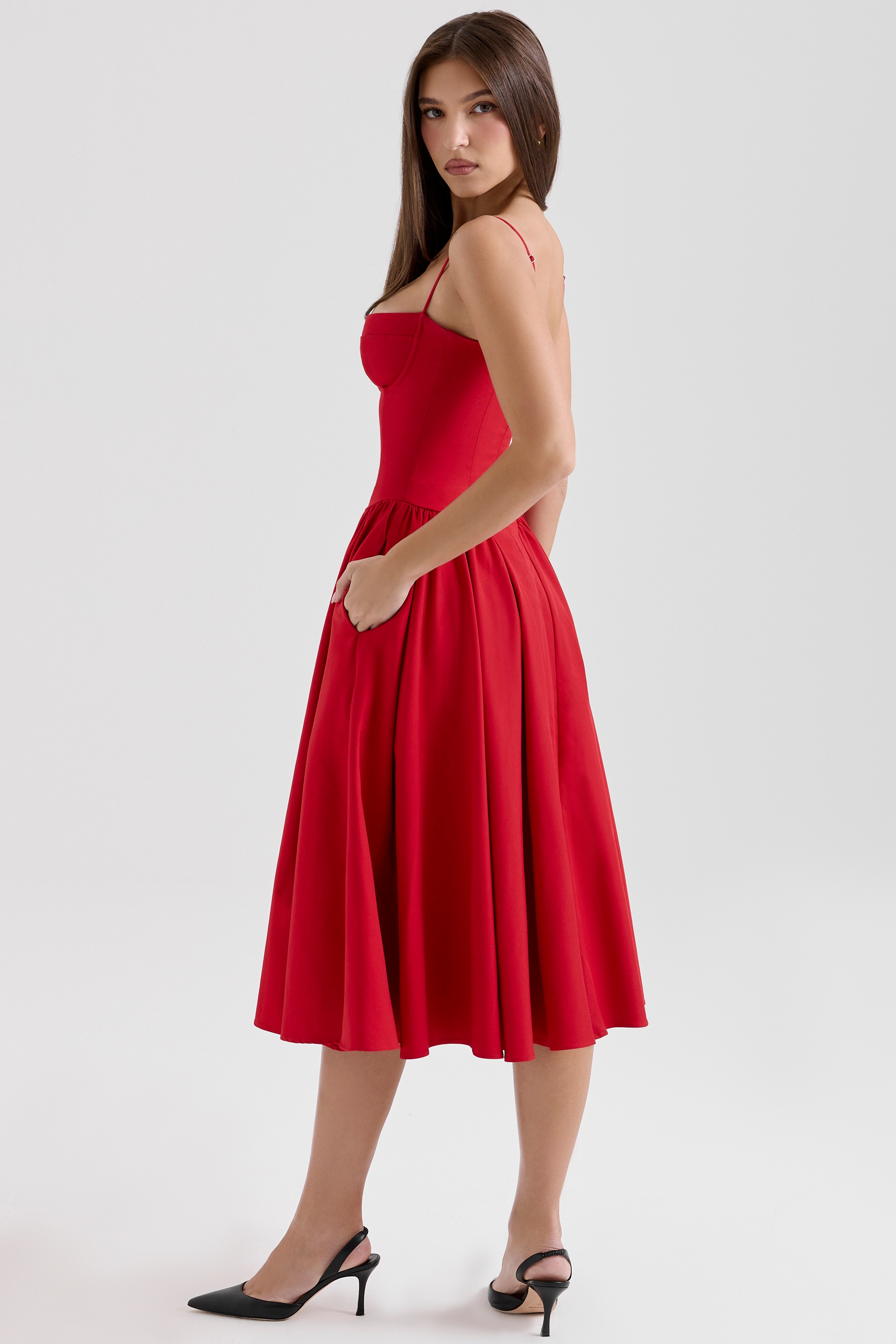 Samaria  Red Gathered Midi Dress — image 7