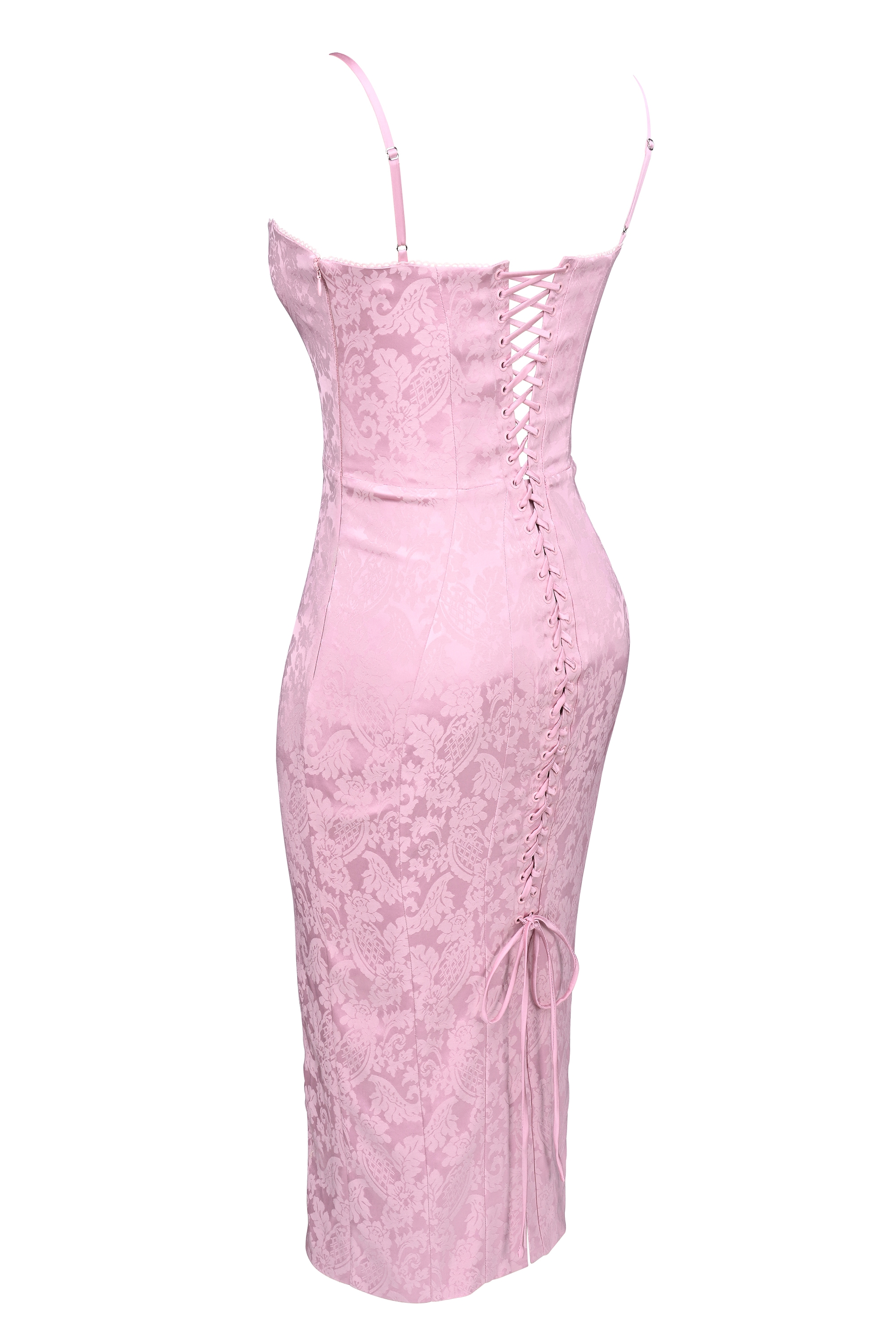 Ophelle  Pink Jacquard Lace Up Bodycon Midi Dress — image 15