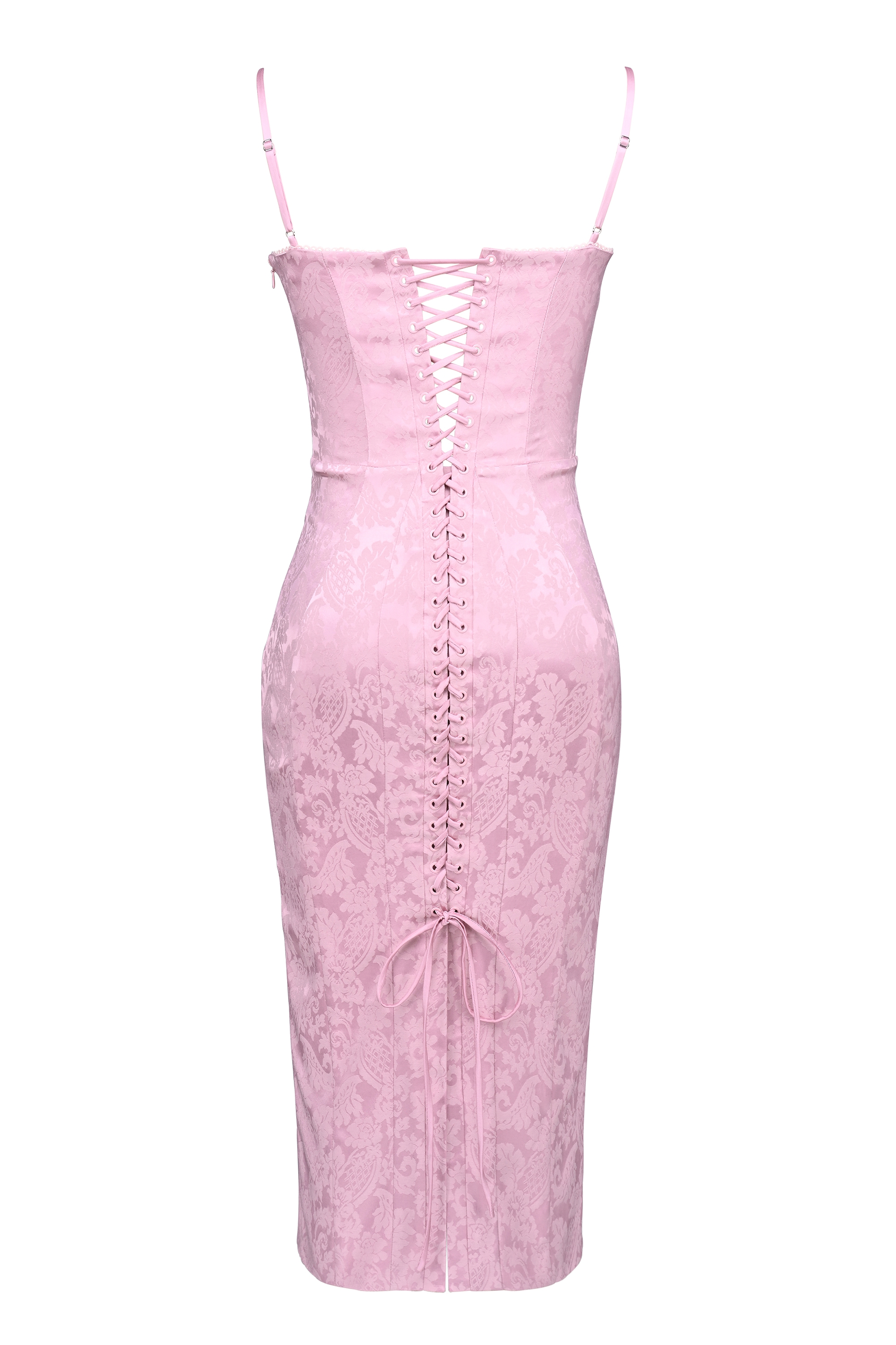Ophelle  Pink Jacquard Lace Up Bodycon Midi Dress — image 16