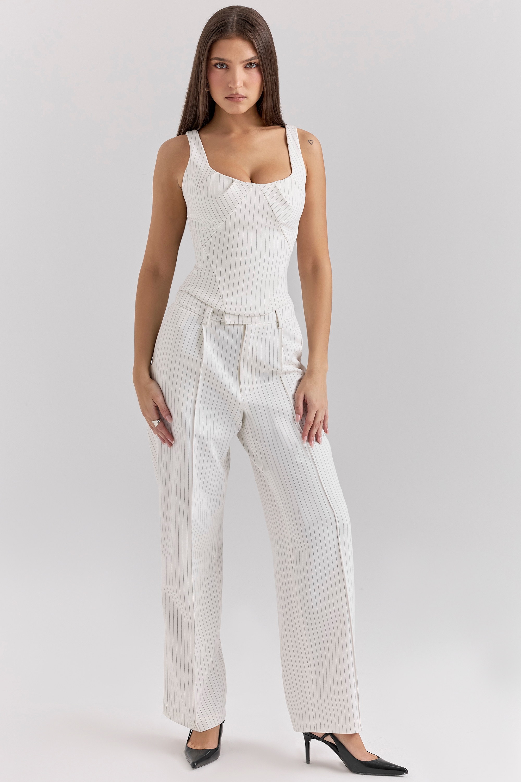Hayden  White Pinstripe High Waist Tailored Trousers — image 3