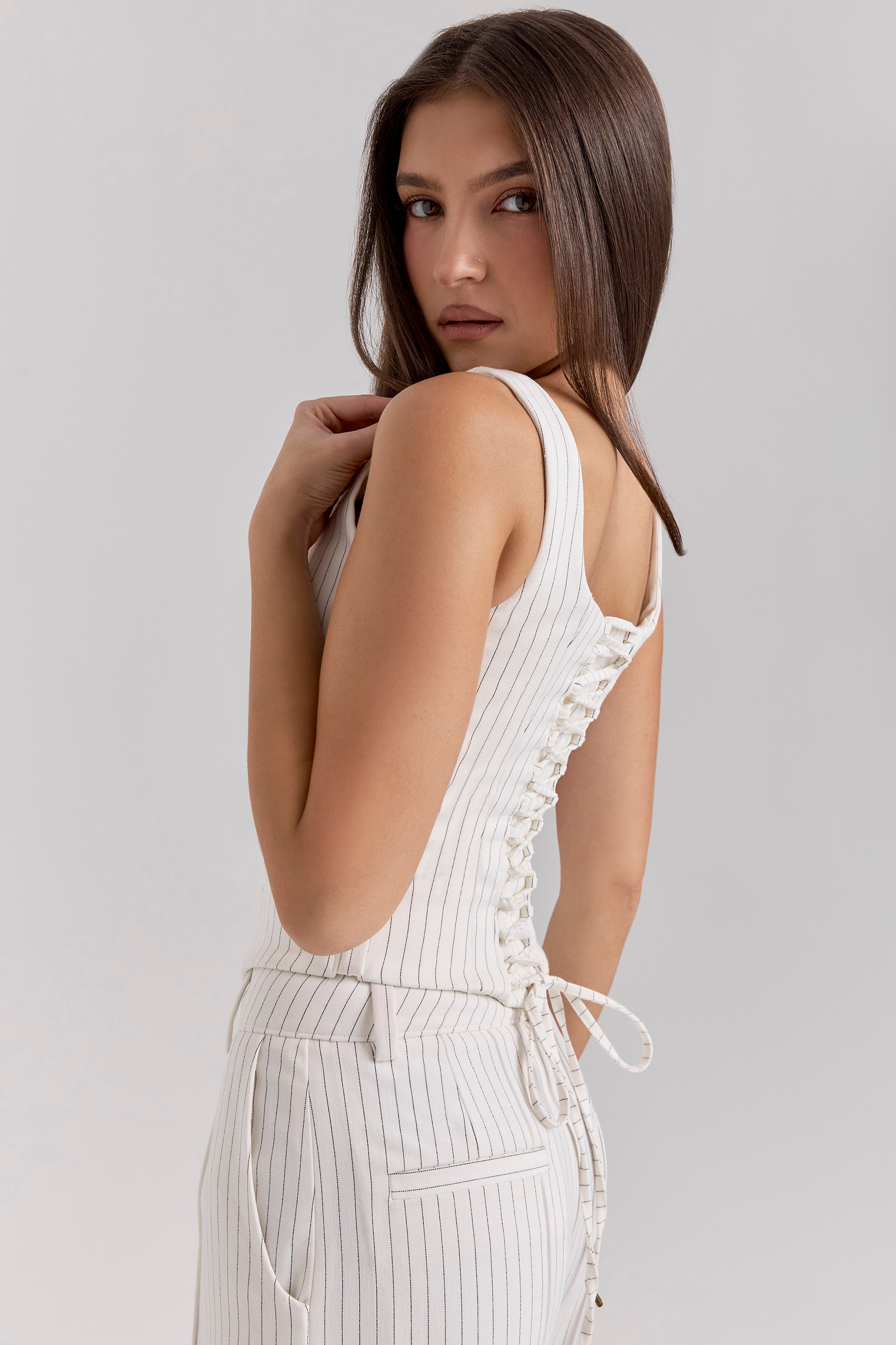 Selma  White Pinstripe Boned Corset Top — image 7