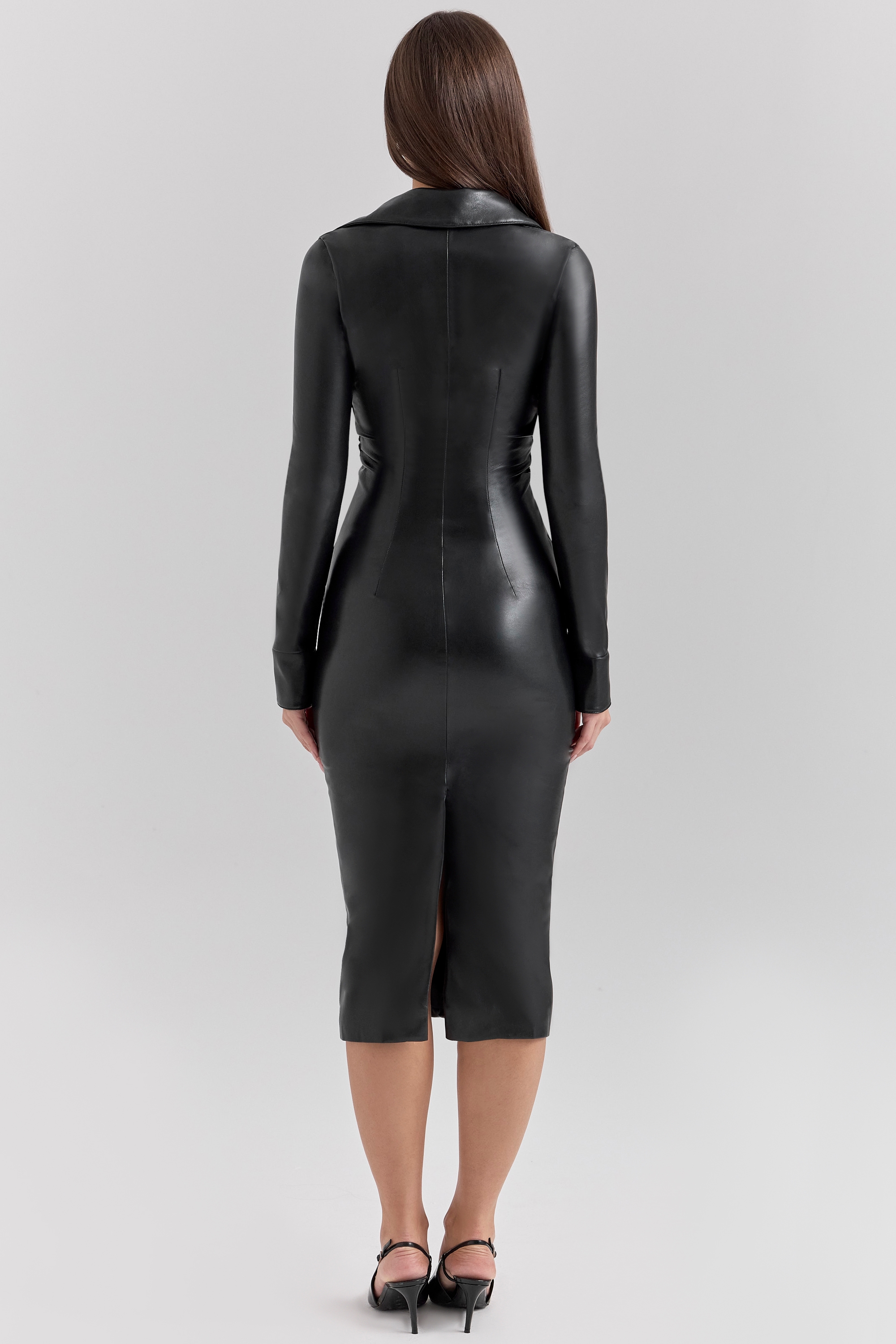 Viola  Black Vegan Leather Long Sleeve Midi Dress — image 8