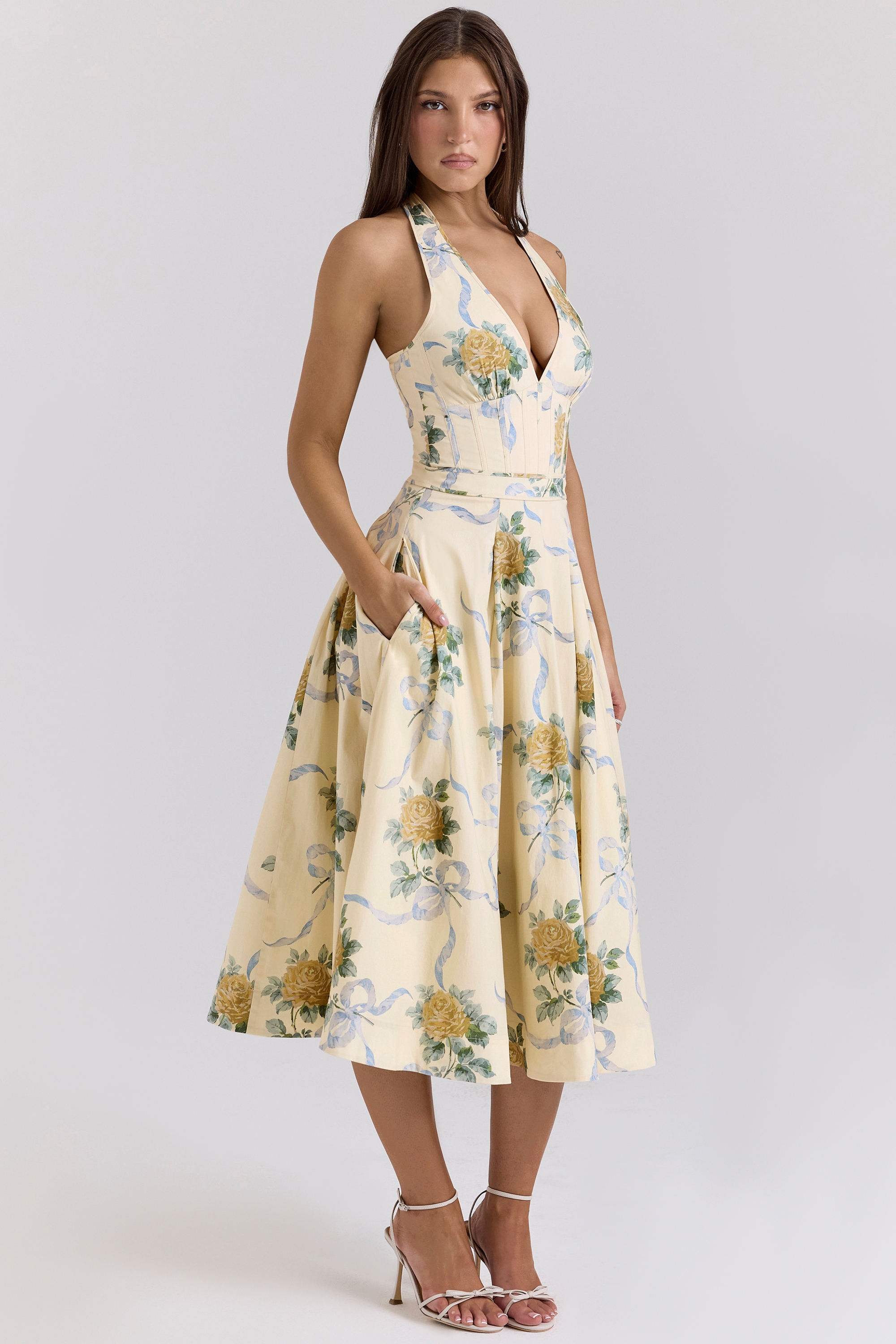 Allena  Lemon Ribbon Stretch Cotton Halter Midi Sundress — image 5