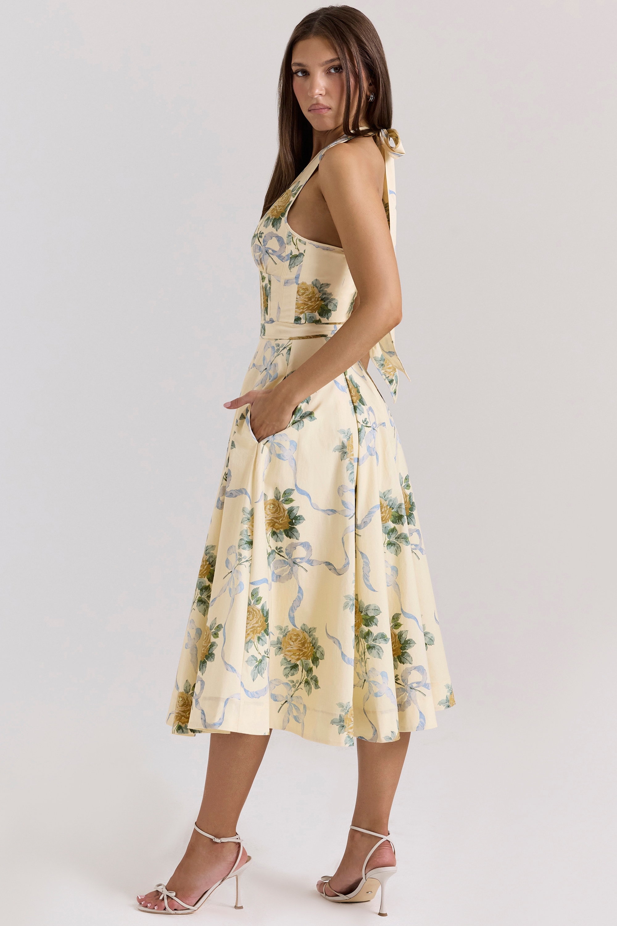 Allena  Lemon Ribbon Stretch Cotton Halter Midi Sundress — image 6