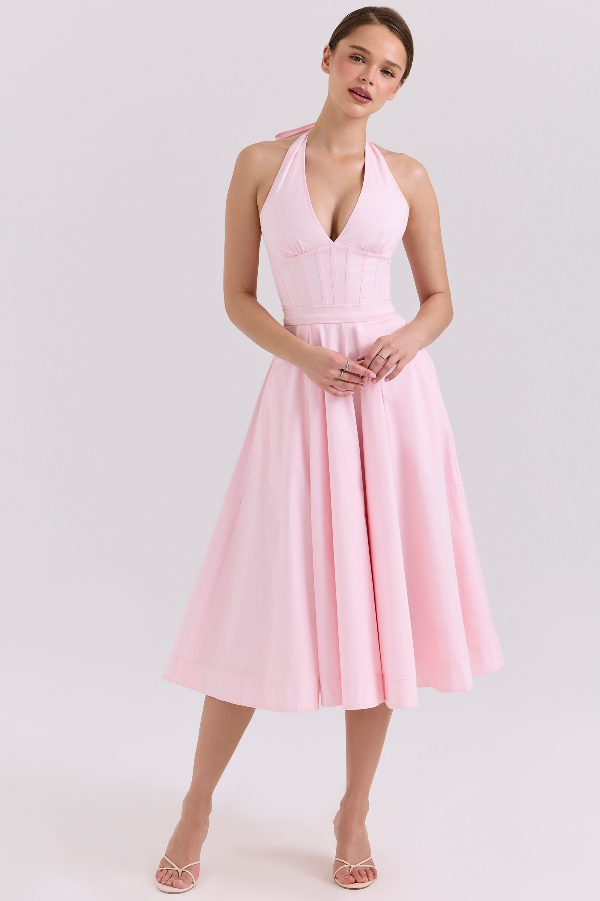 Allena  Pink Stretch Cotton Halter Midi Sundress — image 3