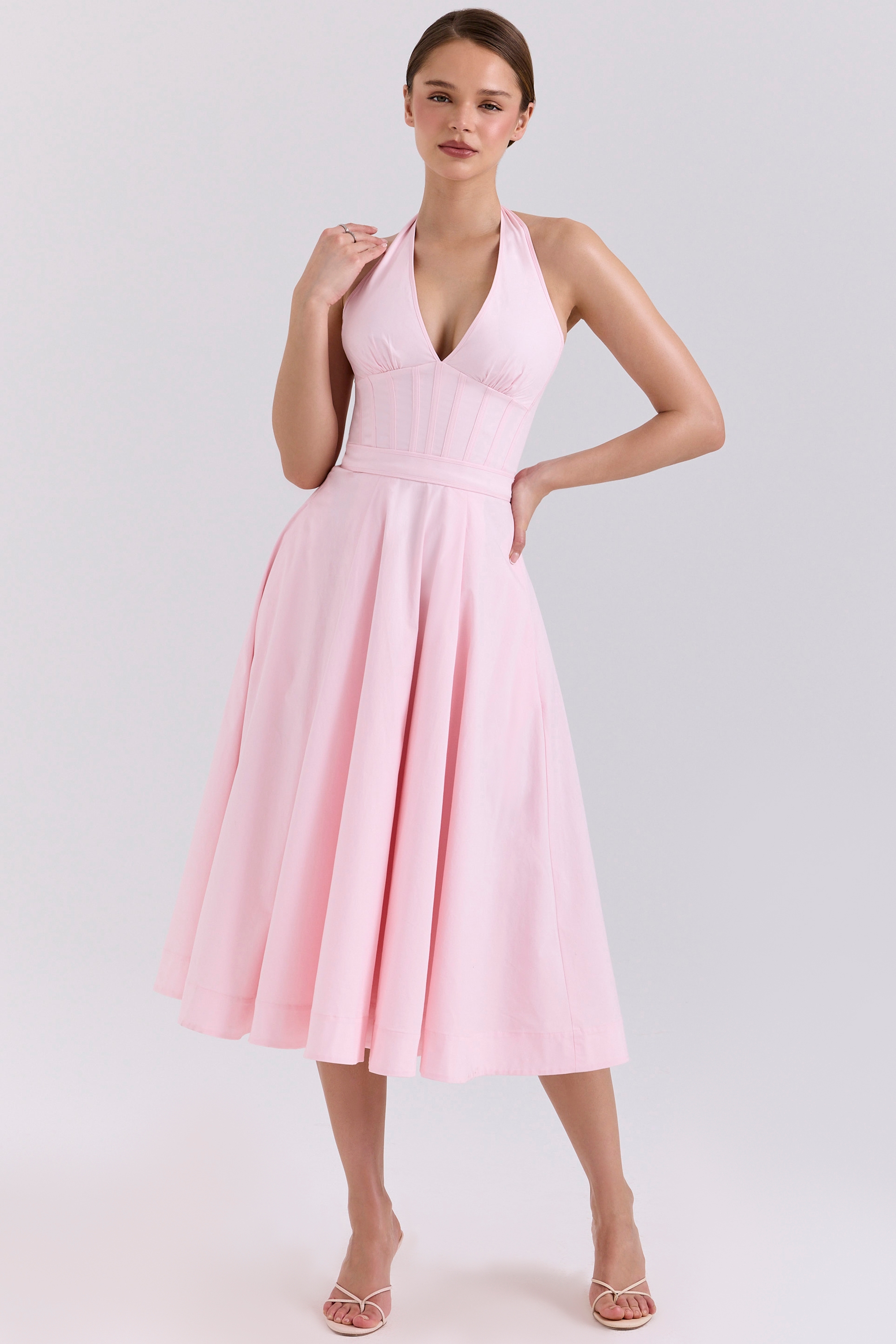Allena  Pink Stretch Cotton Halter Midi Sundress — image 1