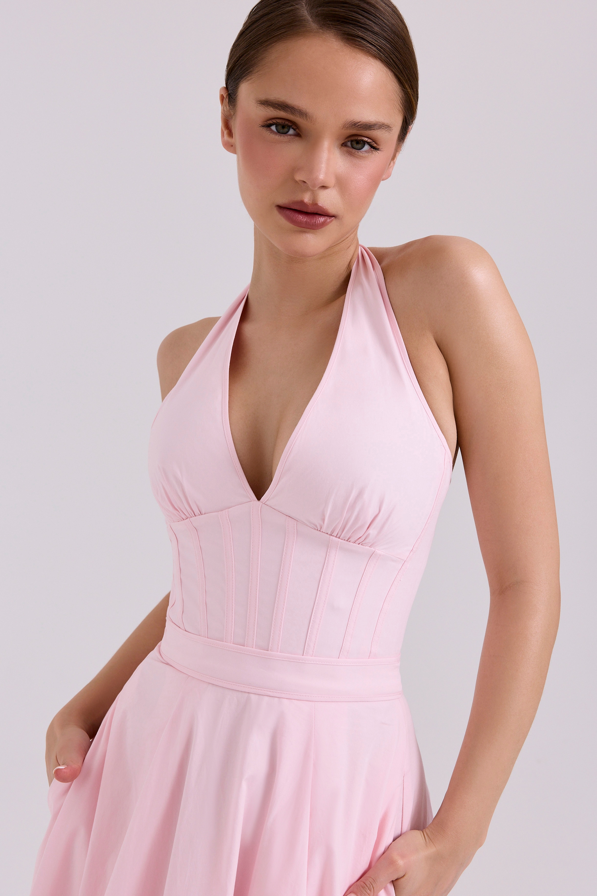 Allena  Pink Stretch Cotton Halter Midi Sundress — image 5