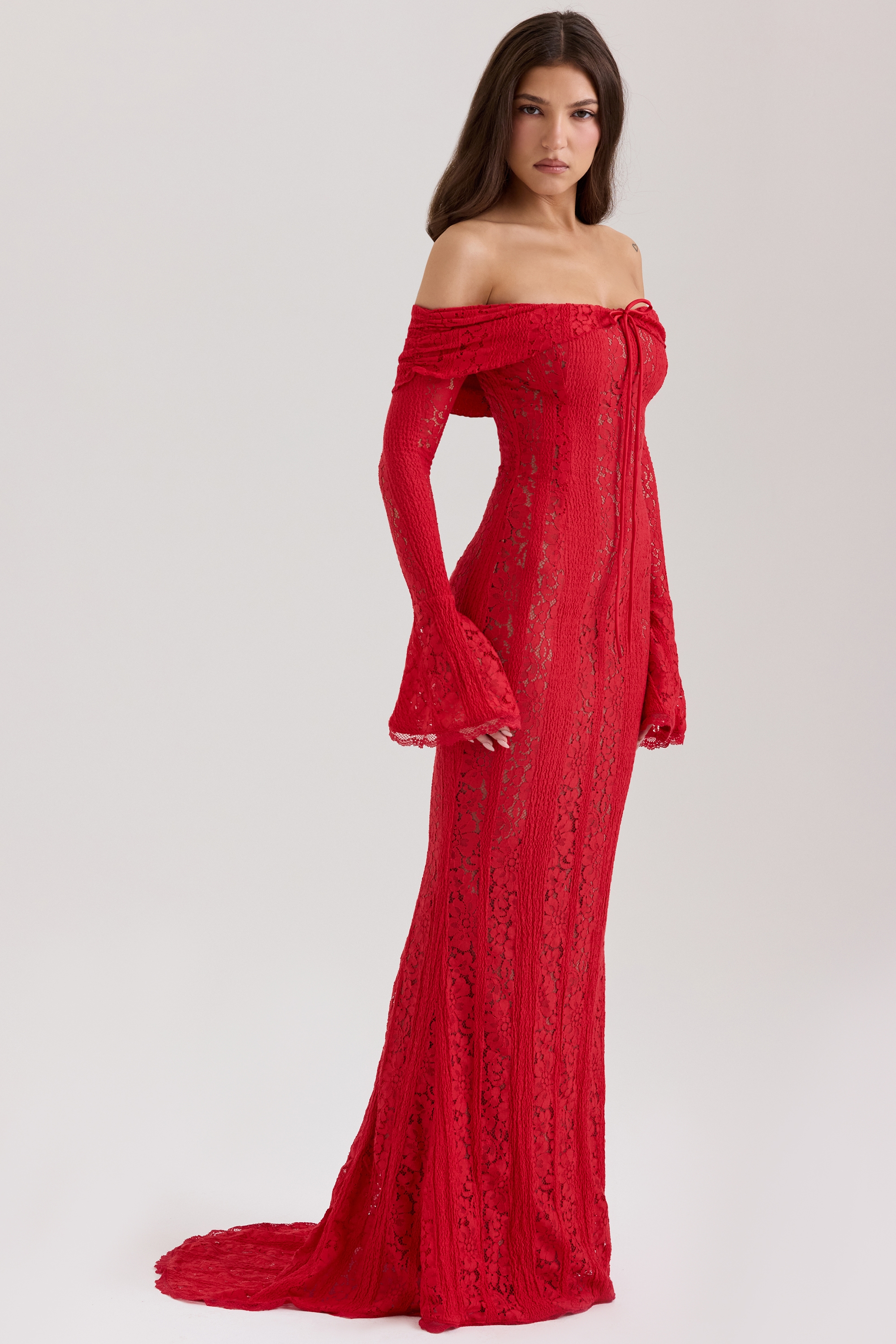 Belle  Red Off Shoulder Floral Lace Maxi Dress — image 5