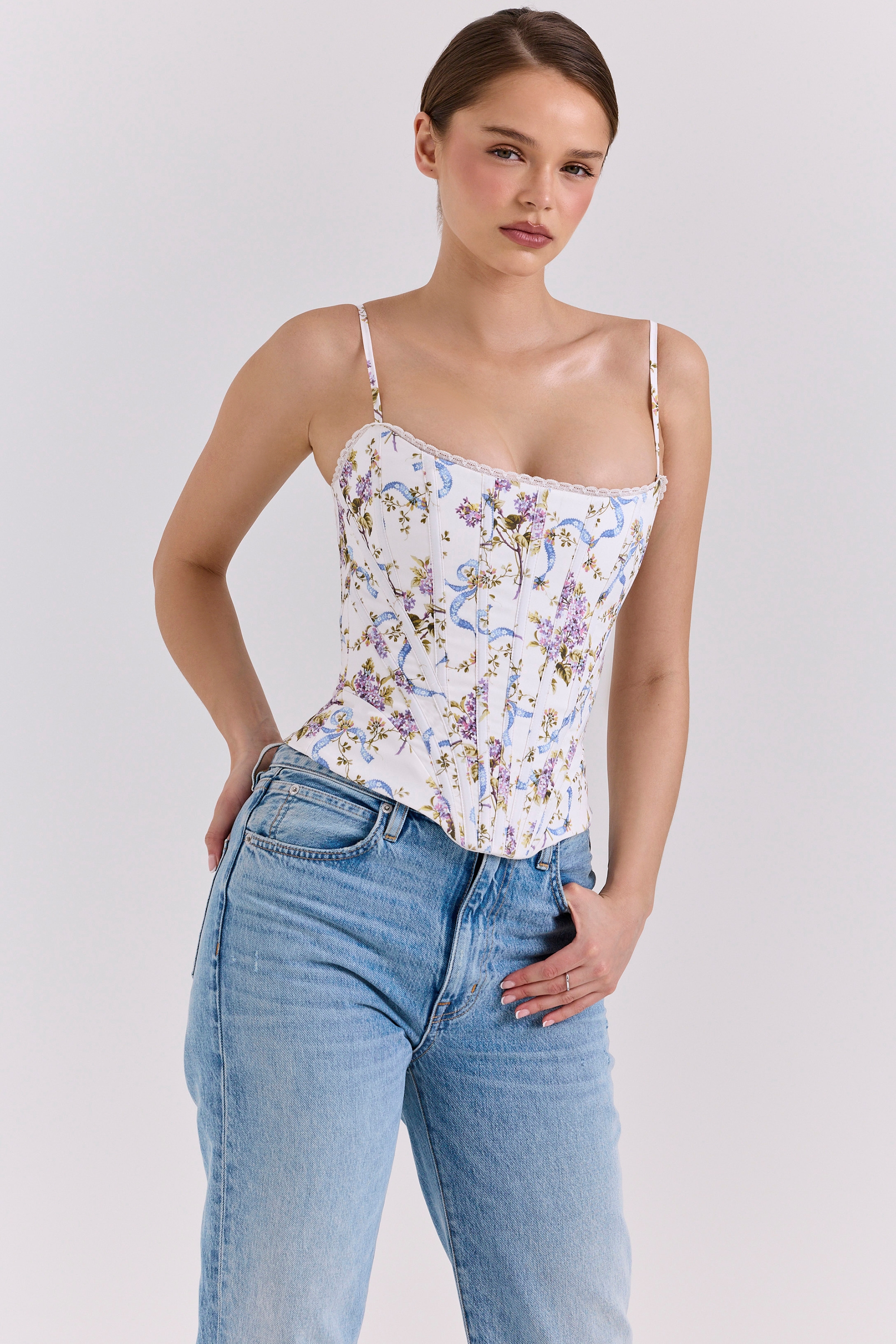 Cadie  White Floral Ribbon Print Cotton Corset Top — image 3