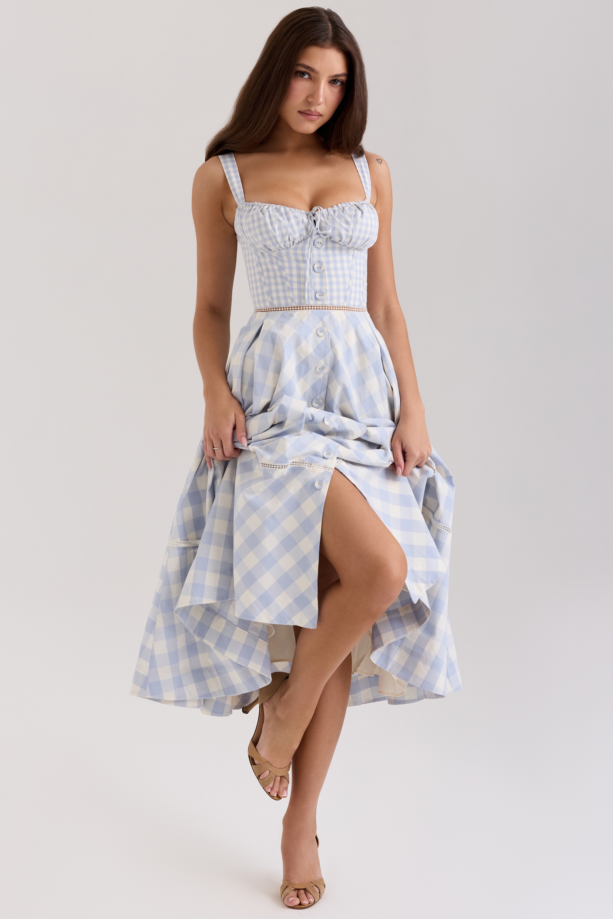 Chiarina  Light Blue Gingham Stretch Cotton Midi Dress — image 3