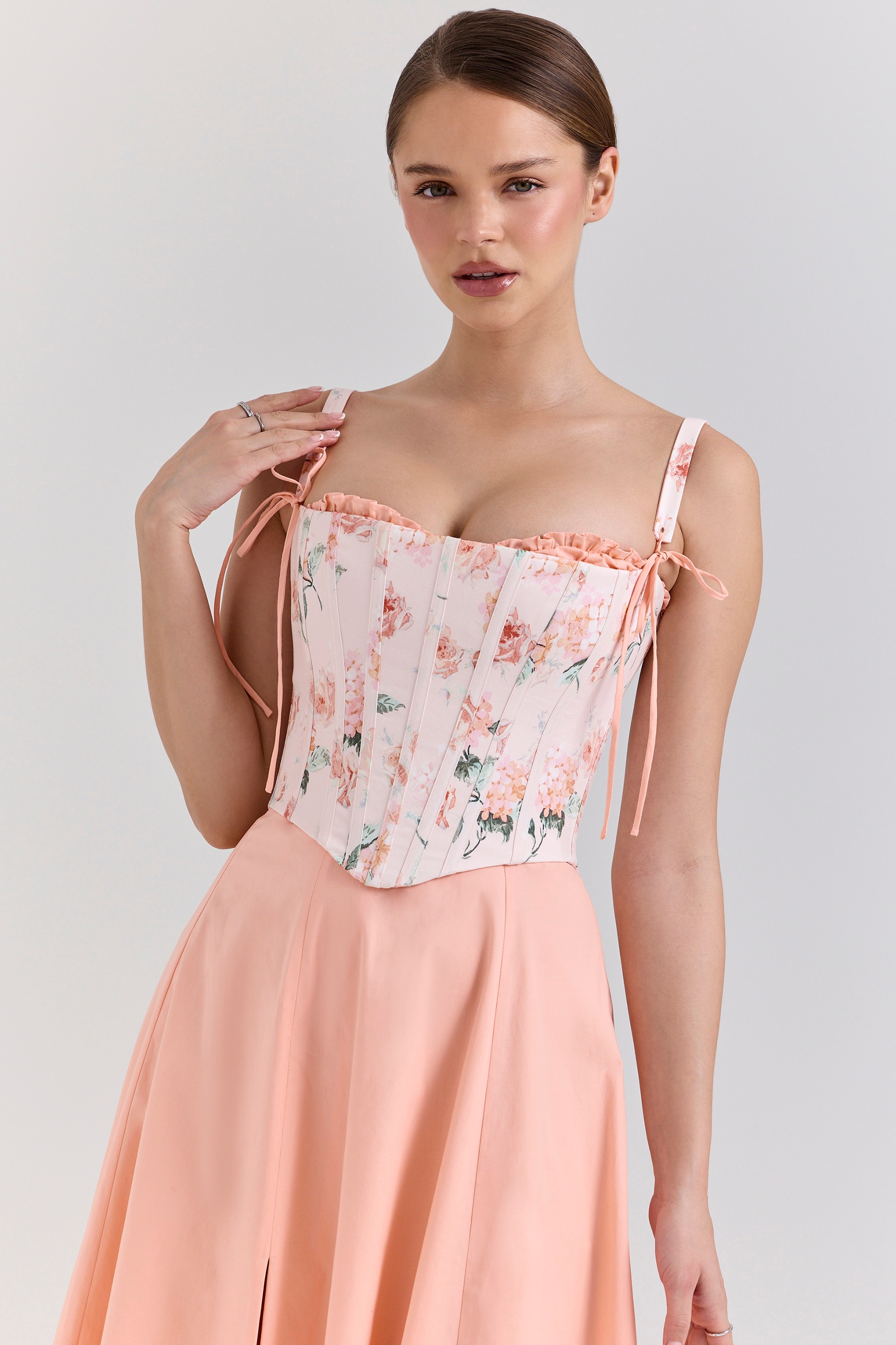 Clarabelle  Peach Cotton Detachable Corset Midi SunDress — image 3
