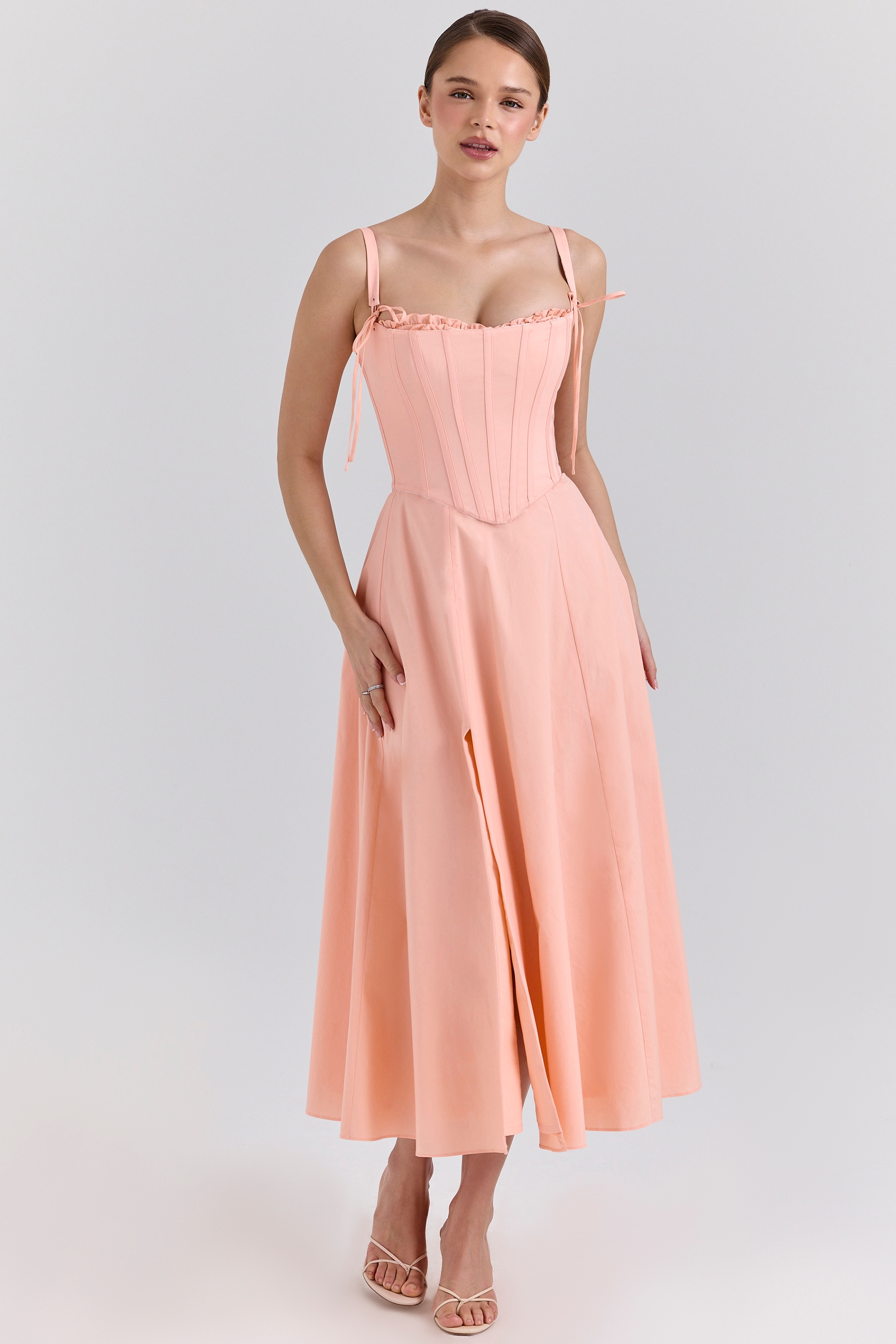 Clarabelle  Peach Cotton Detachable Corset Midi SunDress — image 6
