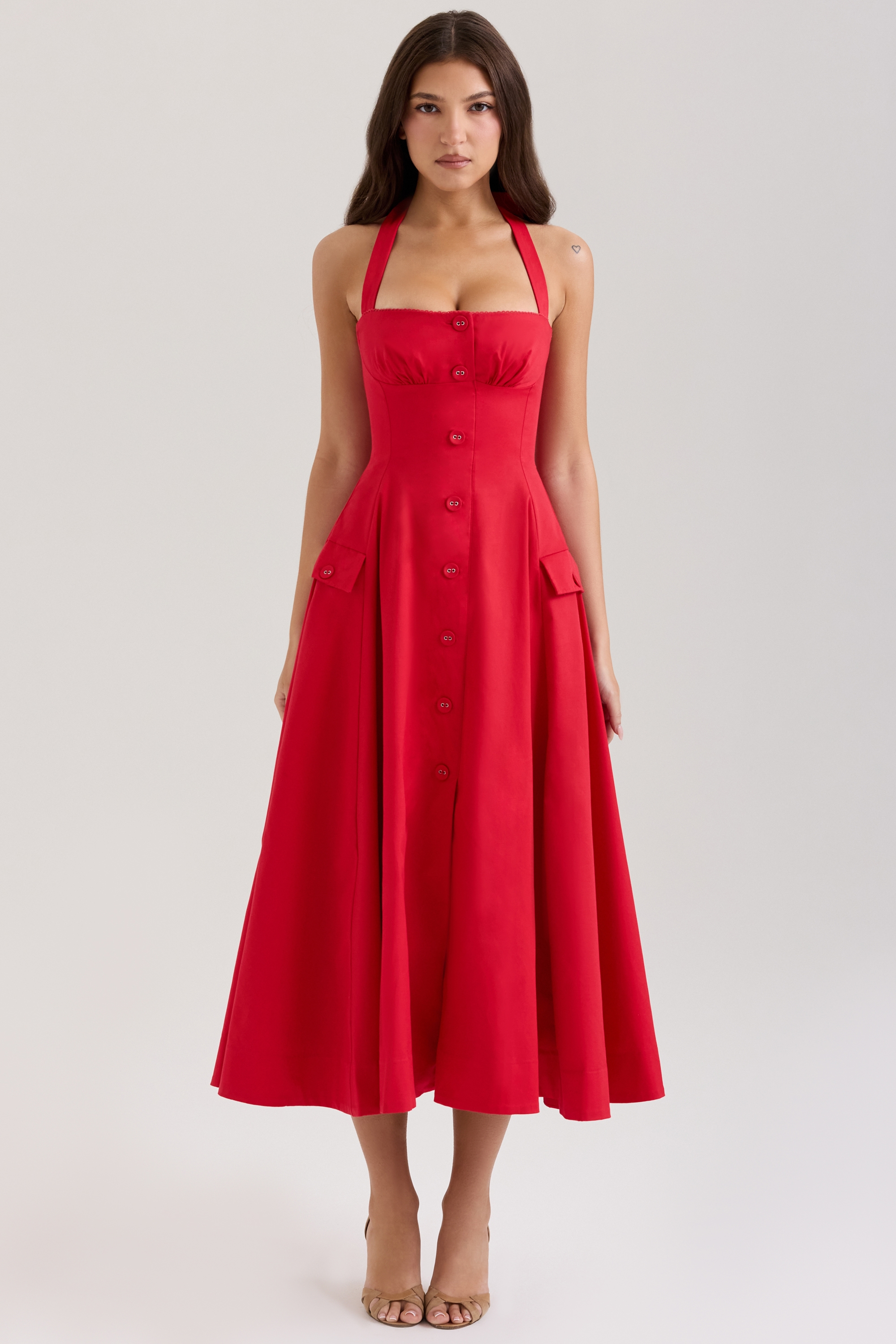 Claudia  Red Stretch Cotton Button Halter Neck Midi Dress — image 1