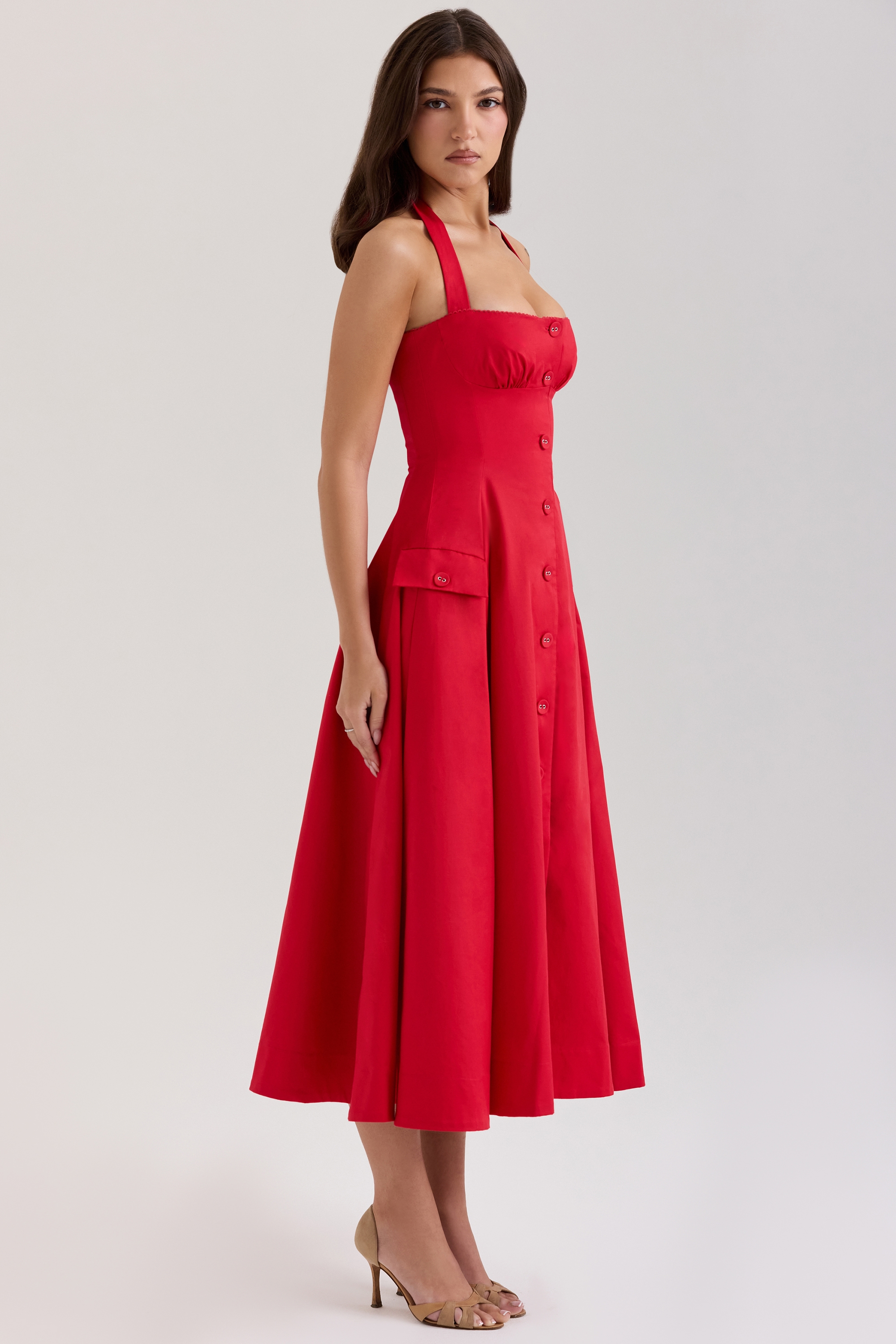 Claudia  Red Stretch Cotton Button Halter Neck Midi Dress — image 5