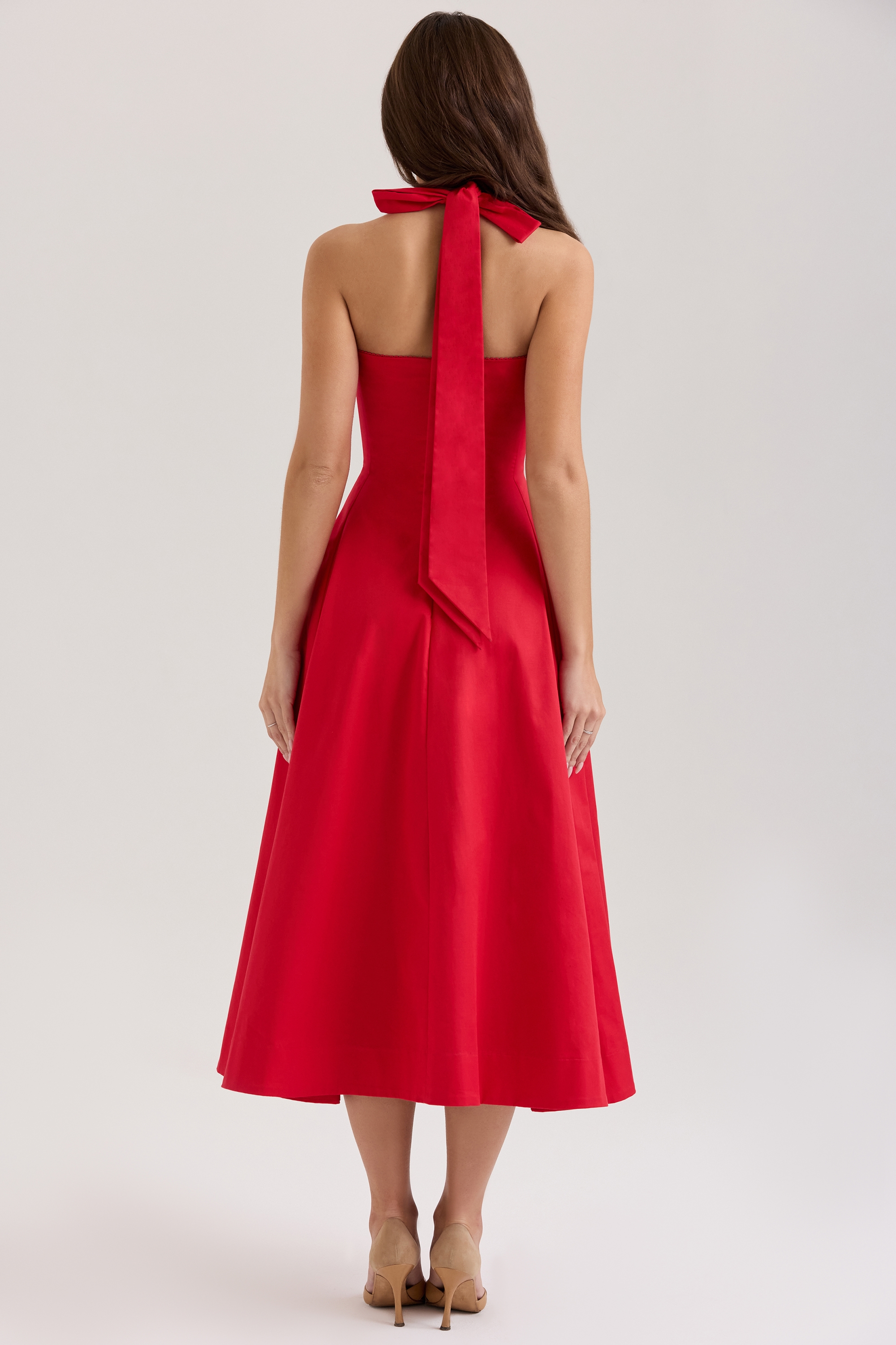 Claudia  Red Stretch Cotton Button Halter Neck Midi Dress — image 7
