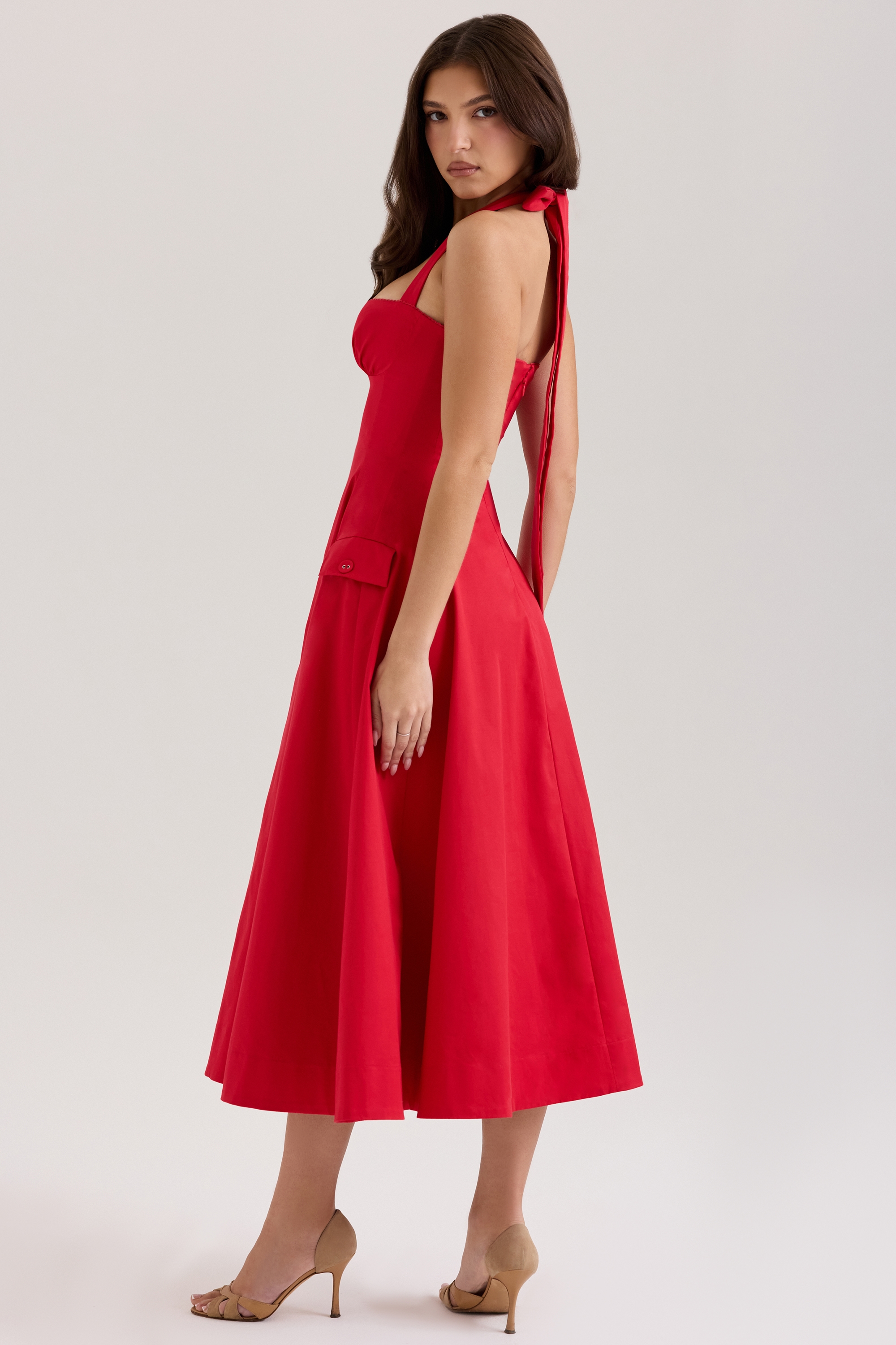 Claudia  Red Stretch Cotton Button Halter Neck Midi Dress — image 6